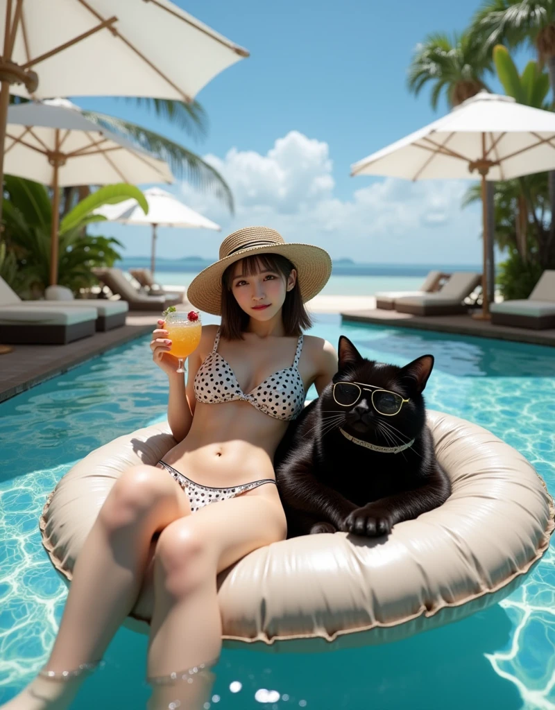 ultra-realistic, photorealistic, dramatic scene, shadow, global-illumination, solo, 1 girl\( 20 years old Japanese beautiful girl, beautiful with cute face, wearing a cute dot patterned bikini with frills, shoulder-length brown hair, accessories, elegant hat, sunglasses, holding a tropical cocktail\), 1 human-like giant black cat\( human-like giant black cat, swim trunks, slight taller than the girl, with her, sunglasses, little chubby\), the girl and human-like giant black cat are lying on the large float and floating on the pool in the luxury resort hotel in Maldives, gorgeous stylish furnishings, famous 5-star hotel, amazing view of the ocean with private beach, parasols, 