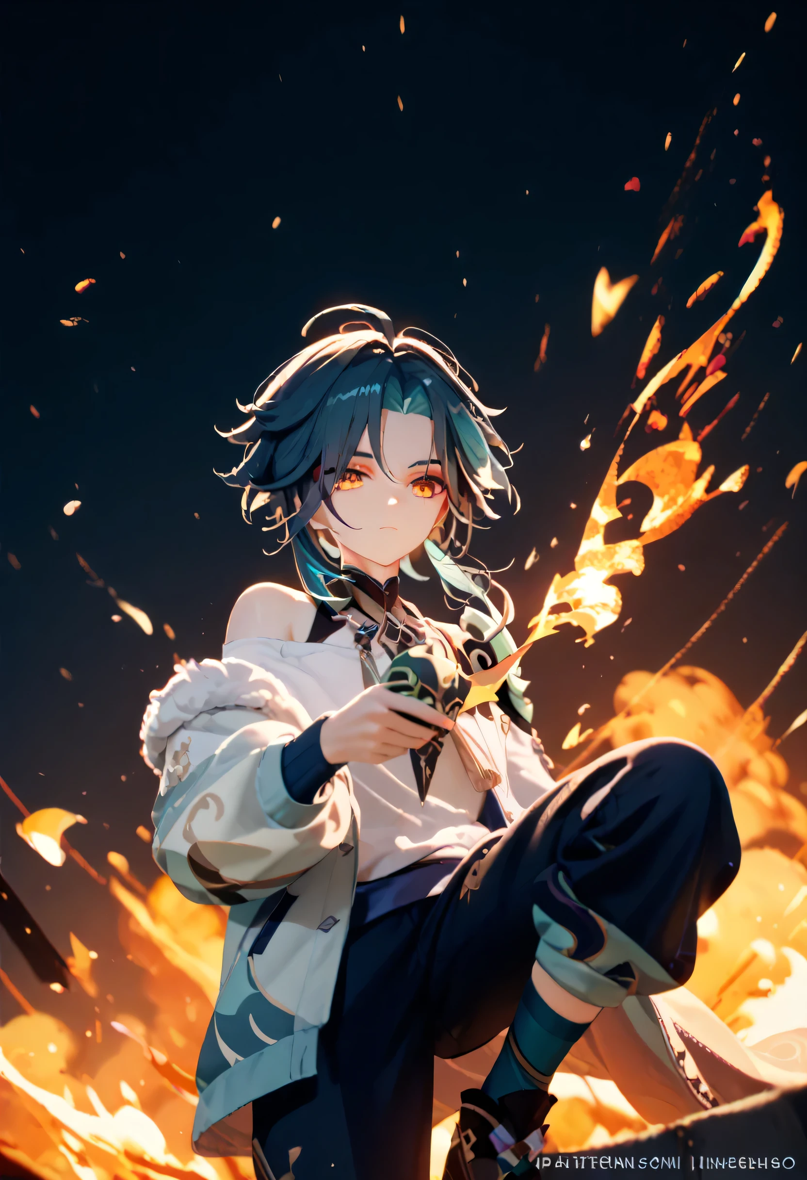 oversized fleece jacket, on one knee, Holding a demon mask in one hand, Xiao, genshin, expressionless,  is cool, from below, off-shoulder, The surroundings are burning with fire