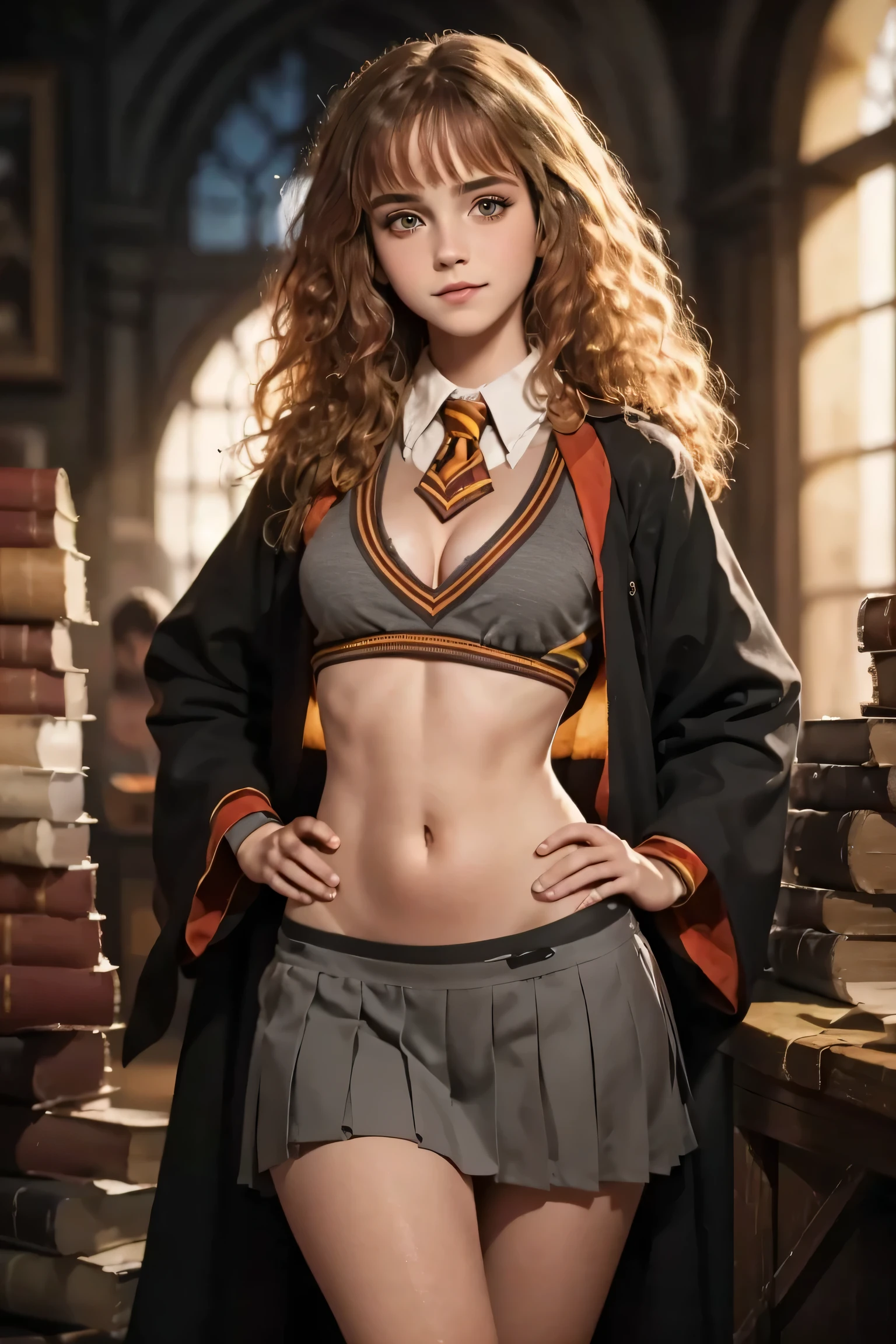 (Masterpiece), (Hi Res), (Artwork), (8K), ((Realistic)), Hermione Granger, ****, ****s, young, loli, ((Green-gray eyes)), Hogwarts Pin-Up Girl, sexy, alluring, cleavage, tan skin, full body shot, cowboy shot, (fit girl), (thin waist, thin hips), (long eyelashes), (makeup),