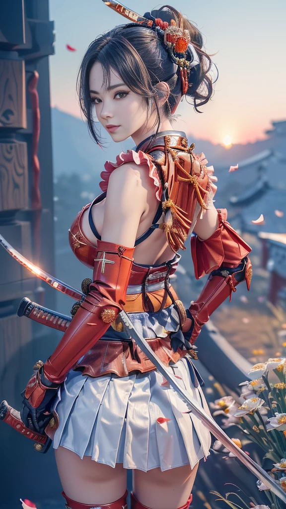  young woman, ((Oiran)),warrior,((wielding a katana_weapon:1.8)), very detailedな, realisti,seductive smile,((from behind, cowboy shot, looking back:1.8)),(),  Brilliant Appearance , Creative Action,  extremely detailed, Imaginative,  sensual, spontaneous ,  top quality ,  skin texture, ((half updo hair)),((raven black)), toned body ,(huge breasts:1.6), plump thighs, ( red armor with Southern Sky flower pattern engraved ),((Red Armor)),(( leather  samurai armor knight)), bikini type design that emphasizes chest exposure ,(underboob), ((Wear a red cape with a Southern Sky floral pattern)), ((white ruffled skirt:1.3)),  white shin guard with Southern Sky flower pattern engraved ,  red high-leg underwear , White tights,  absolute domain,  intricate detail , (( sunrise:1.3)),((Meteor shower:1.3)),(()), ((southern sky flower petals background:1.3)), ((southern sky flower petals:1.3)), ((southern sky flower petals dancing in the wind:1.3)),(Southern flowers in full bloom ),(前面にSouthern flowers in full bloom ), (confetti),  RAW photos , 8k, masterpiece,  top quality , ultra detail, very detailed,  intricate detail , high res,超 intricate detail, very detailed 8k cg wallpaper,