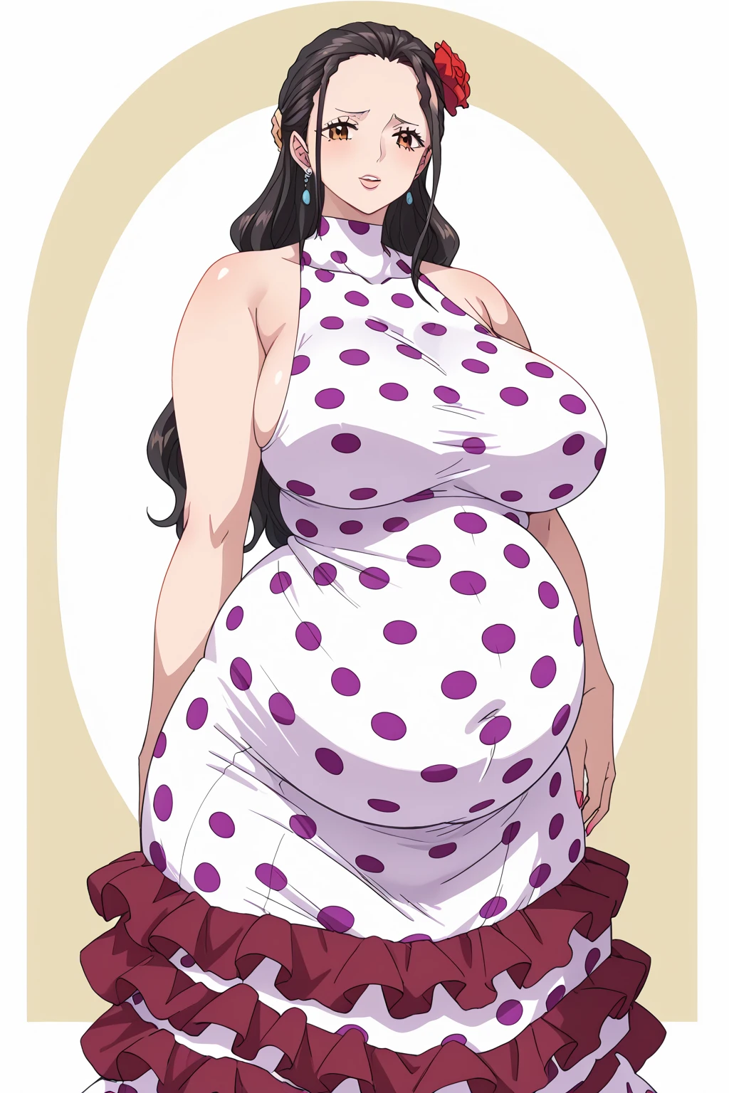 one_PIECE viola,  long hair、Big Breasts、 brown eyes、Black Hair、 dress、Bare shoulders, frills, hair flower,  hair is slicked back、Polka dot pattern、Polka dot pattern  dress , saggy huge breasts , Obese middle-aged woman, troubled expression, embarrassing expression ,milf, chubby,Flabby belly fat, bloated belly, thick thighs, fat girl, ssbbw,Ballroom , score_9,  score_8_ up、 score_7_ up、 score_6_ up、 score_5_ up、 score_4_ up、 masterpieces at the front door of the house、 top quality , A beautiful woman with an obese figure,  absurd、 source_ anime anime screencap,  one woman、Alone、 personal  、Super huge breasts,  super huge clevis、Super huge, Super huge boob,Curvy、 wide hips、 cowboy shot