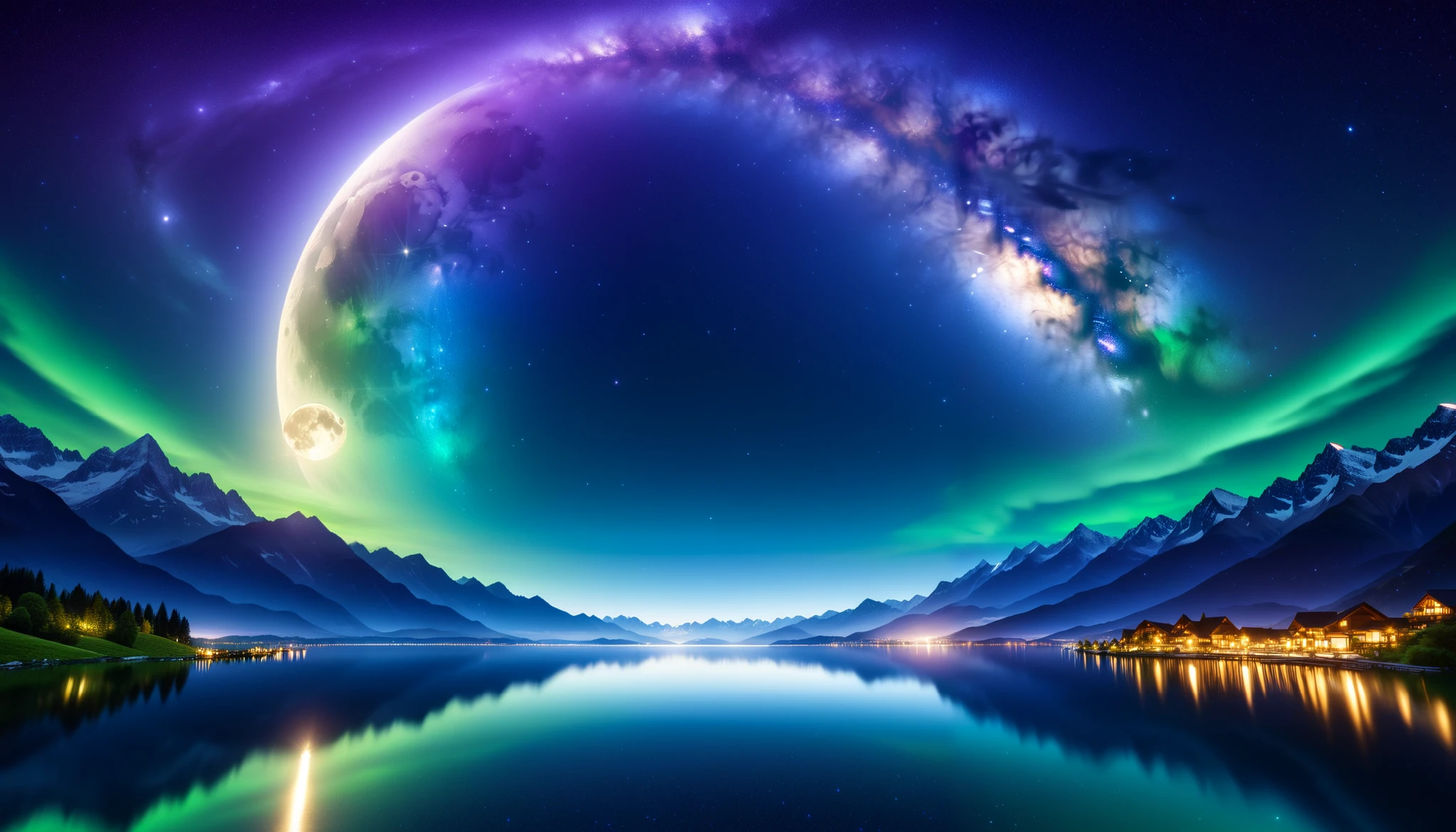(greenく光る巨大な月),greenい月, super high image quality, high definition , High Quality ,Detailed Scenery ,Night Sky,(Milky Way Galaxy),The Alps,The giant moon and stars moving to the lake々, beautiful artistic illustration, Ultramarine, green, Purple , black, Majestic Atmosphere,Mystical Moon,
