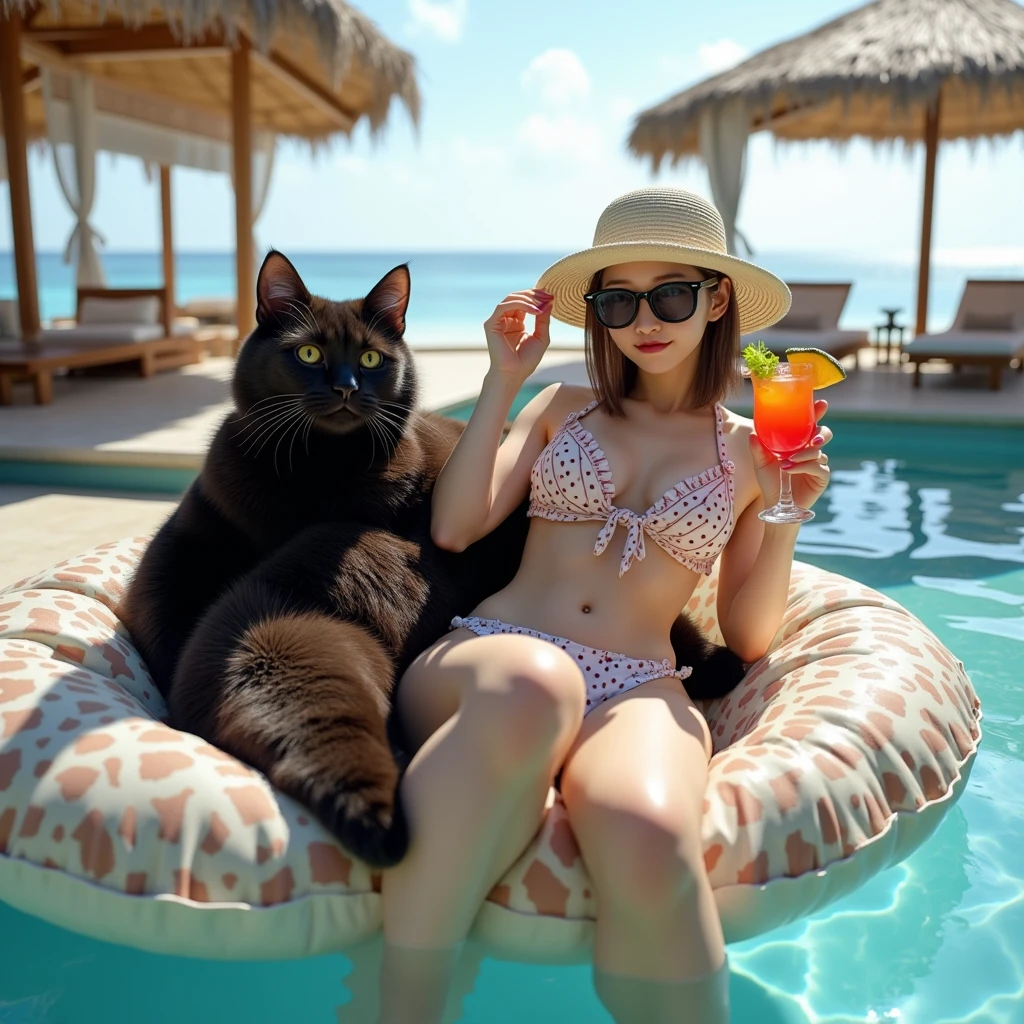 ultra-realistic, photorealistic, dramatic scene, shadow, global-illumination, solo, 1 girl\( 20 years old Japanese beautiful girl, beautiful with cute face, wearing a cute dot patterned bikini with frills, shoulder-length brown hair, accessories, elegant hat, sunglasses, holding a tropical cocktail\), 1 human-like giant black cat\( human-like giant black cat, swim trunks, slight taller than the girl, with her, sunglasses, little chubby\), the girl and human-like giant black cat are lying on the large float and floating on the pool in the luxury resort hotel in Maldives, gorgeous stylish furnishings, famous 5-star hotel, amazing view of the ocean with private beach, parasols, 