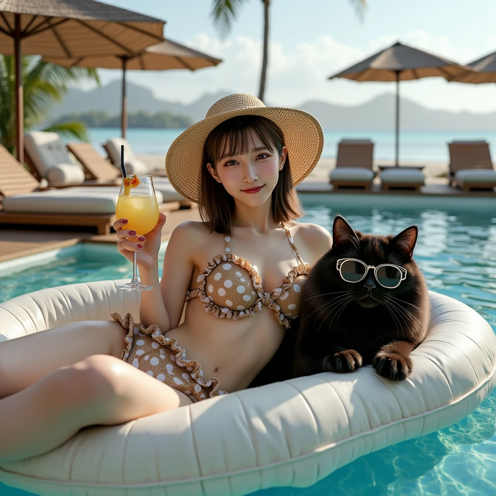 ultra-realistic, photorealistic, dramatic scene, shadow, global-illumination, solo, 1 girl\( 20 years old Japanese beautiful girl, beautiful with cute face, wearing a cute dot patterned bikini with frills, shoulder-length brown hair, accessories, elegant hat, sunglasses, holding a tropical cocktail\), 1 human-like giant black cat\( human-like giant black cat, swim trunks, slight taller than the girl, with her, sunglasses, little chubby\), the girl and human-like giant black cat are lying on the large float and floating on the pool in the luxury resort hotel in Maldives, gorgeous stylish furnishings, famous 5-star hotel, amazing view of the ocean with private beach, parasols, 