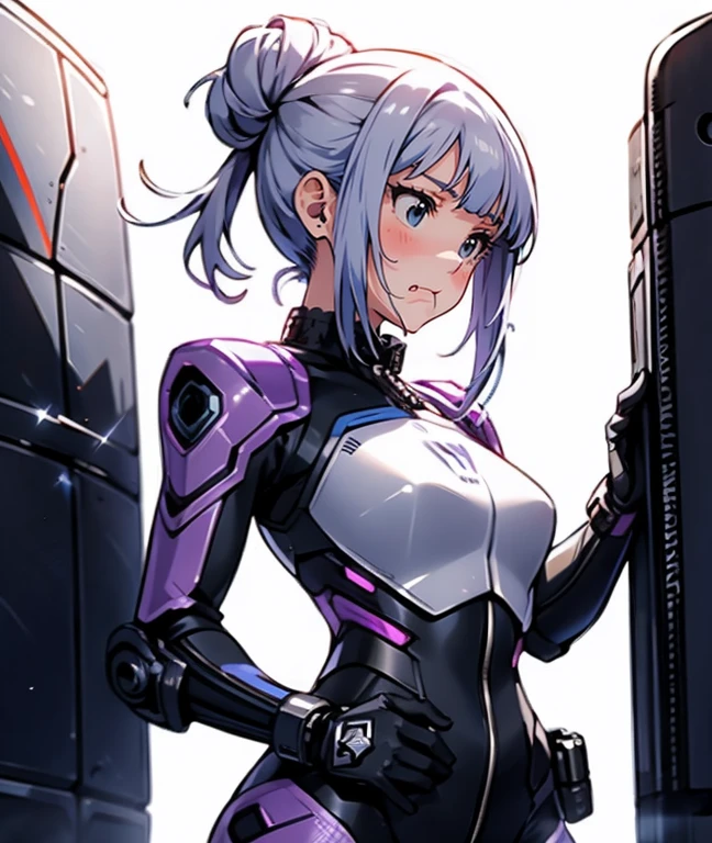 The protagonist of a new special effects drama、Space Sheriff Jasmine、-yeld fee、only one girl, half side bun hair, shortcut hair, silver purple hair, slender, Wearing a combat suit like Space Sheriff Gavan、Combat suits are protected by titanium、The combat suit is very tight and hugs the body.、The suit is gold with black accents、She is removing her helmet、(The suit has a feminine shape that makes the most of the curves)、The waist of the suit is tightly cinched around the private parts.、There is a zipper that runs from the vulva to the anus and can be opened when urinating or defecating.、The titanium protector is thick and divided into three parts: chest, abdomen, and waist.、Inspired by Robocop design、