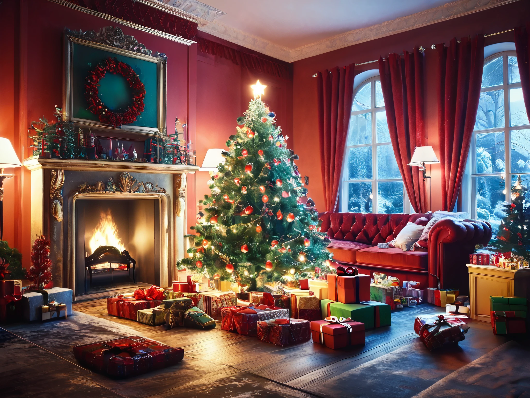 Christmas tree in a room with lots of presents and a home with fire