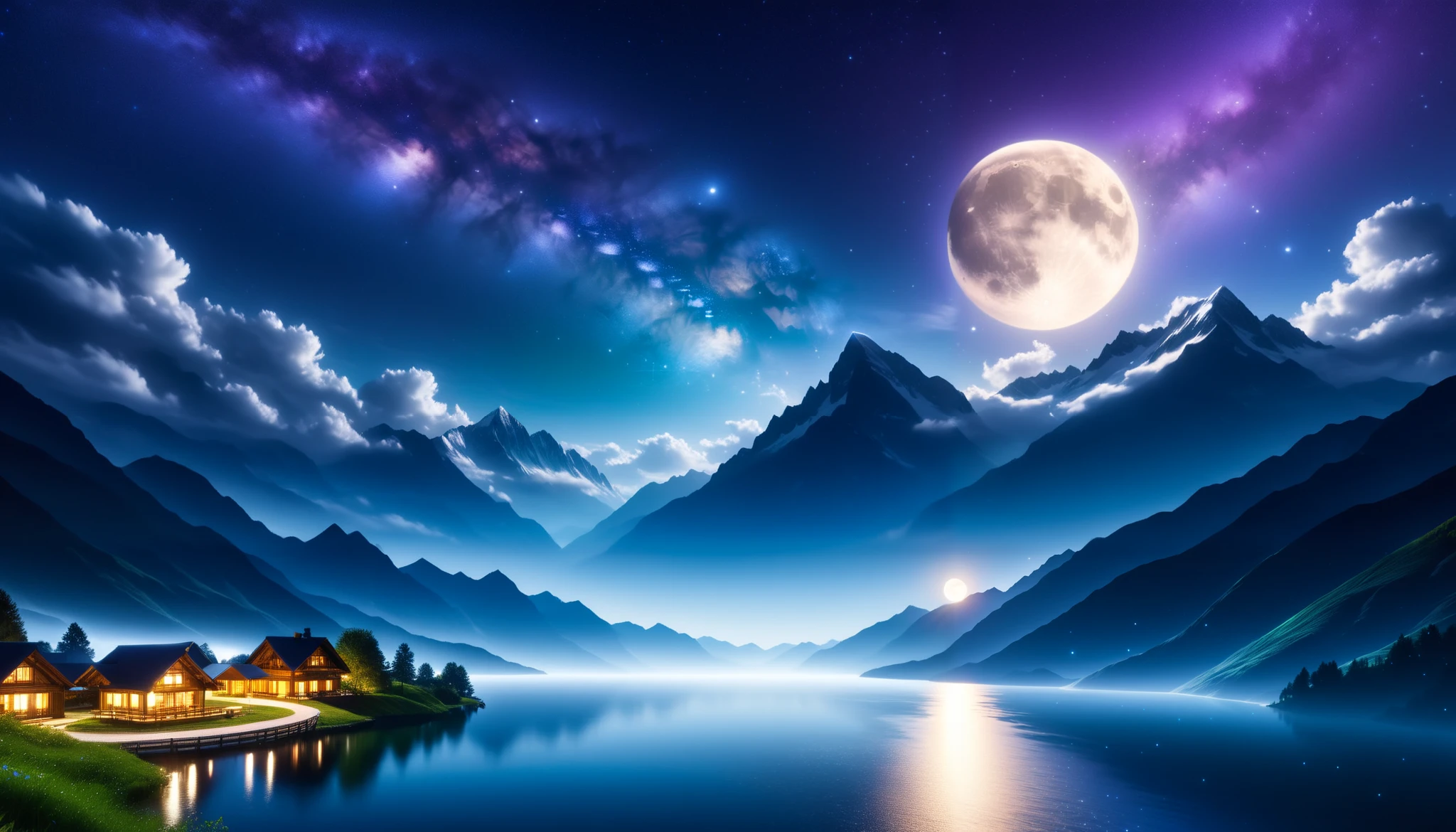 (greenく光る巨大な月),greenい月, super high image quality, high definition , High Quality ,Detailed Scenery ,Night Sky,（Milky Way Galaxy）,The Alps,The giant moon and stars moving to the lake々, beautiful artistic illustration, Ultramarine, green,  Purple , black, Majestic Atmosphere,Mystical Moon,