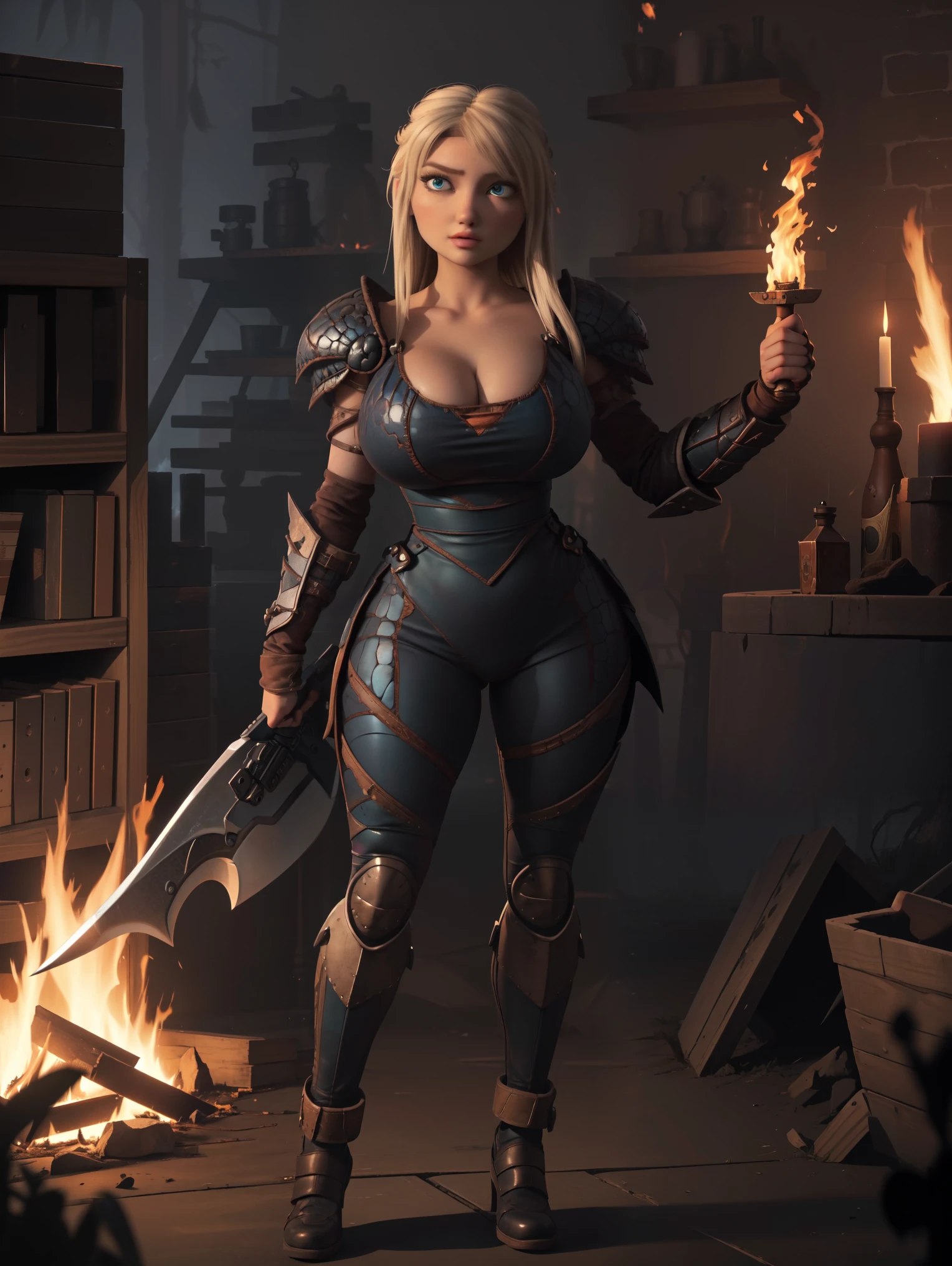work of art, high qualiy, best qualityer, realisitic, face perfect, expressive eyes, Astrid Hofferson, 1 girl, standing alone, hair blonde, shot hair, blue colored eyes, armors, Breasts huge, v-cut, sample neck, absolute cleavage, voluptuous,thick thighs, wide hips, big ass., zetai ryouiki, standing, holding gun, ax, (hand on fist), fire, Burning, embers, Flame, smoke, sparks, (tenebrosa, natta, tenebrosaness:1.3), Depth of field, ((fullbody)).
