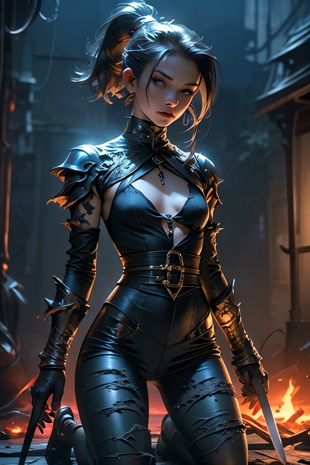 ((best quality)), ((masterpiece)), (detailed), perfect face (((mastepiece, of the highest quality, super detailed))), photorealistic, (heroic composition), (front facing), ((((Highly detailed face)))), small thin nose, Small thin lips mouth, (((Very sharp focused eyes))), ((perfect symmetrical beautiful eyes)), (resolved expression), (resolute expression), (dark fantasy), (a female warrior blessed by arcane forces, imbued with eldritch powers and cosmic greatness), (almost inhuman beauty, like a sinister angel), (an occultic warrior priestess), (dirty, grimy, worn clothing, minimal but intricate armour), (battle damaged), (torn ribbons and sashes adorning her attire blowing in the wind), (clothing torn and left clinging to her body like rags billowing in the wind), (hair caught by the wind), (fiery embers on the breeze), (smoke heavy in the air), (a sense of great conflict and adversity), (mature, foreboding atmosphere), (a sense of an ongoing apocalypse), (end times aesthetic), (biblically evocative), (holding a sword hilt with no blade), beautiful (((very small breasts))), (((little boobs))), (((tiny breasts))), (((flat chest:0.1))), (((very tiny boobs))), (((very flat chested))), ((brunette)) hair, ((long ponytail, thick ponytail, heavy ponytail)), very long eyelashes, soft lighting, dramatic and cinematic lighting, ((kneeling, penitent, submissive)), NSFW