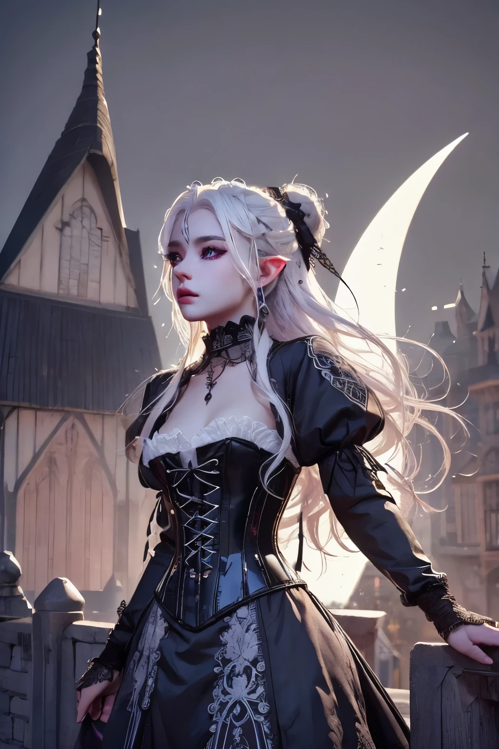 (Ultra-detailed face, Looking away, Gothic Illustration. Dark tone colors.), BREAK
(The bitterly cold winter sky with the black moon rising. A black building in the style of a medieval German monastery clock tower. A viewpoint looking down on the medieval town celebrating the New Year from above the spire. Snow falling.), BREAK
(A female dark elf artificer looks down on the city from beside a bell larger than a man's back on the roof of the clock tower's steeple.), BREAK
(She has white hair and eyebrows, very long messy hair that flutters in the strong wind, lavender eyes, small pink lips, dark purple skin, and dark, thick eyeliner.), BREAK
(She wears a black choker, a traditional medieval-style corset and tunic with crimson lace, and a jet-black lace-up dress. A silver dagger is inserted in the sash at her waist. She wears braided sandals with black laces.)