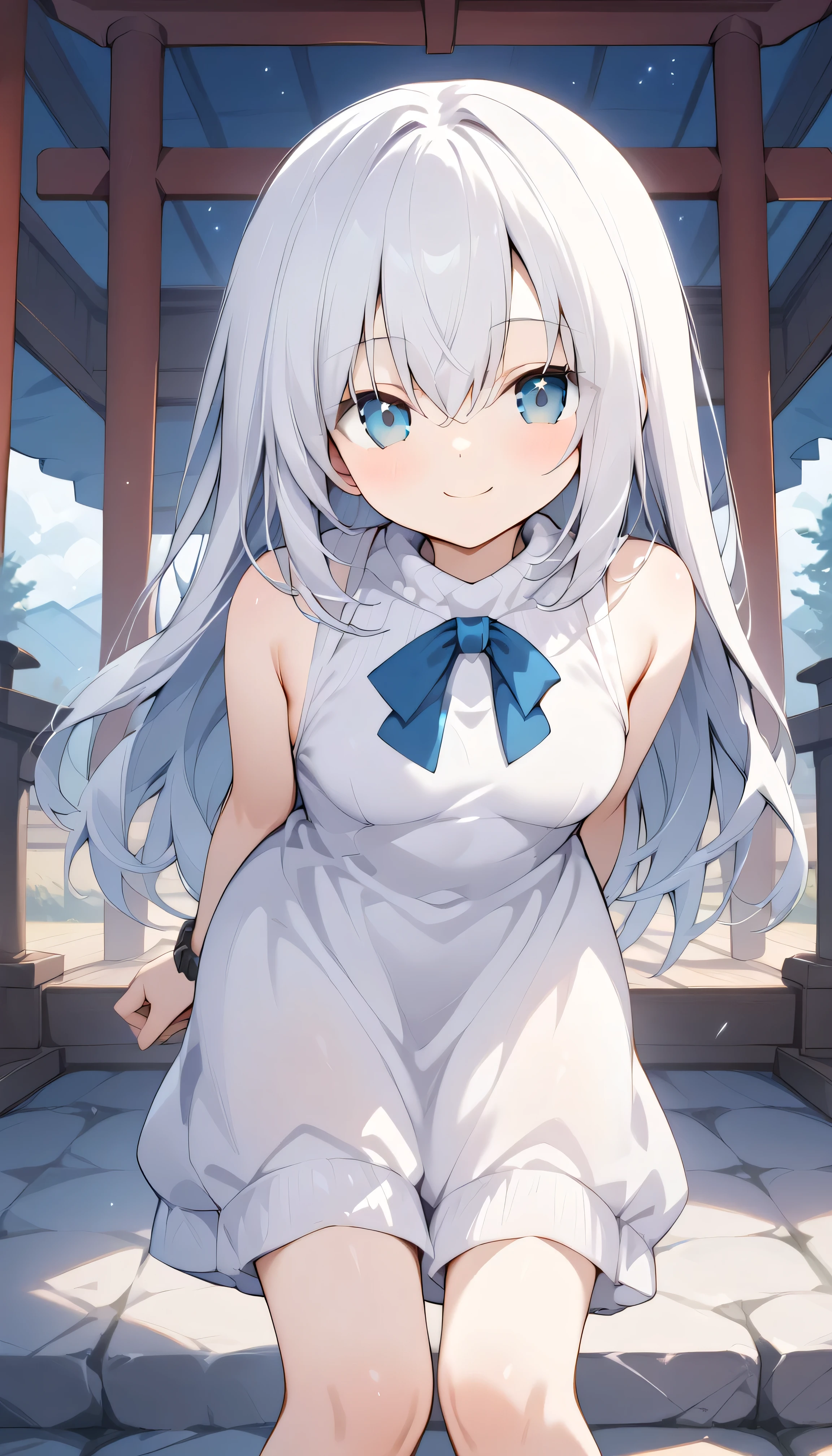 white hair blue eyes small breasts long hair stupid hair Alone, can see his eyebrows from inside his hair, hair between eyes , Watch Viewers , masterpiece, top quality , Outdoors field shrine in the night Night Sky starry sky snowy first visit of the year to a shrine Cobblestones steam winnter background, White Breath sweater dress close your mouth smile leaning forward fold your hands behind your back