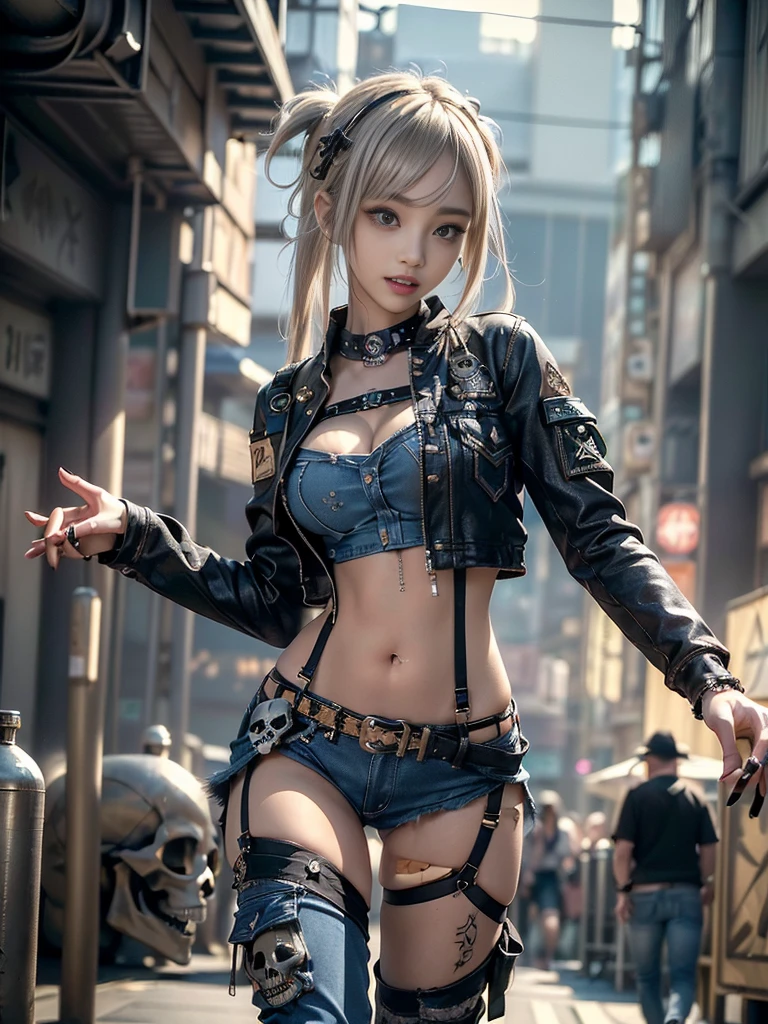 (Full Body View:1.3)、(Beautiful lips and nose:1.4)、(Long eyelashes:1.4)、(Side view:1.1)、(Smiling with teeth showing:1.3),(Shibuya Gal:1.5)、(Gothic Lolita delicately decorated dress:1.5)、(Tattered denim and black punk rock cargo pants:1.5)、(Denim and white skull mark small jacket:1.4)、(denim garter belt:1.5)、(Black and denim knee socks:1.3)、(Skull Silver Accessories:1.5)、(Denim collar:1.3)、(Brown Skin Belt:1.4)、(Brown boots:1.2)、(The underwear is striped:1.4)、31 years old、((Highest quality、In 8K、masterpiece:1.3))、Sharp focus:1.2、(Layered Cut、Huge boobs:1.1),Beautiful woman with perfect figure:1.4、(Dancing vigorously:1.3)、Slender Abs:1.2、Highly detailed face and skin texture、Detailed eyes、double eyelid,(Bob Hair:1.3)、(Dark grey hair:1.3)、Gravure idol、(The background is a gorgeous temple in the sky:1.3)、(Slim body:1.2),(Make your legs thinner:1.4),(clavicle:1.1)