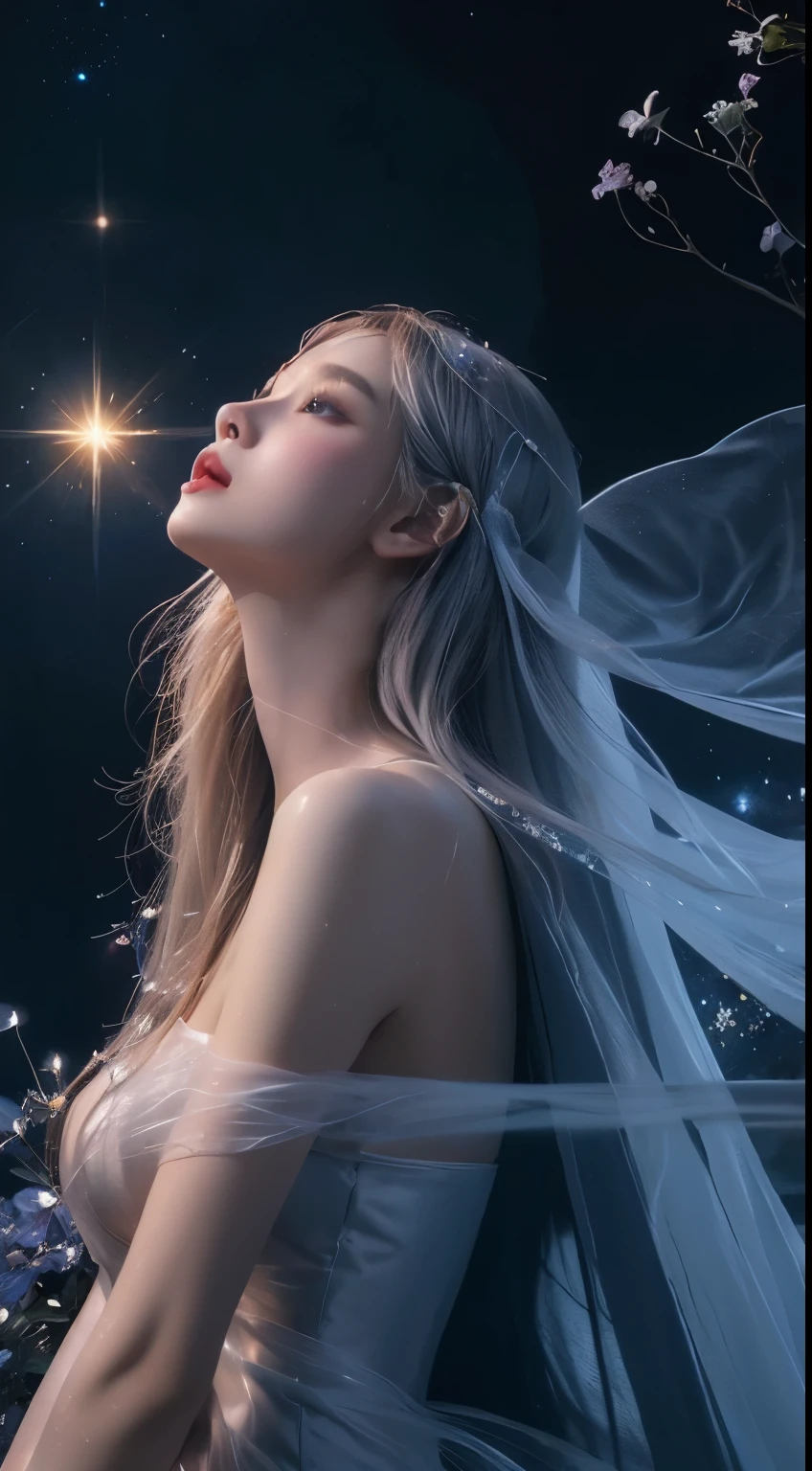 (best quality,4k,8k,highres,masterpiece:1.2),ultra-detailed,realistic:1.37,girl,beautiful dress,galaxy background,sparkling stars,ethereal atmosphere,vibrant colors,elegance,mystical,celestial,moonlight,reflection,flowing fabric,graceful pose,gentle expression,cosmic energy,distant galaxies,dazzling beauty,serene,stellar glow,celestial emissary,alluring,hovering,stellar dust,enchanted garden,starlit night,sheer elegance,astral silhouette,seamless blend,gossamer veil,interstellar journey,effortless beauty,luminous radiance,floating petals,celestial goddess,dreamlike grace,fashion statement,cosmic enchantress,long flowing hair