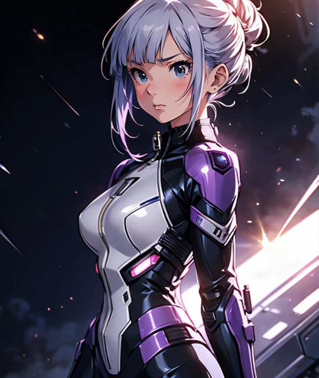 The protagonist of a new special effects drama、Space Sheriff Jasmine、17-year-old female、only one girl, half side bun hair, shortcut hair, silver purple hair, slender, Wearing a combat suit like Space Sheriff Gavan、Combat suits are protected by titanium、The combat suit is very tight and hugs the body.、The suit is gold with black accents、She is removing her helmet、(medium breasts), (medium hips), (The suit has a feminine shape that makes the most of the curves)、(The shape of the breasts is clearly visible), The waist of the suit is tightly cinched  the private parts.、There is a zipper that runs from the vulva to the anus and can be opened when urinating or defecating.、The titanium protector is thick and divided into three parts: chest, abdomen, and waist.、Inspired by Robocop design、