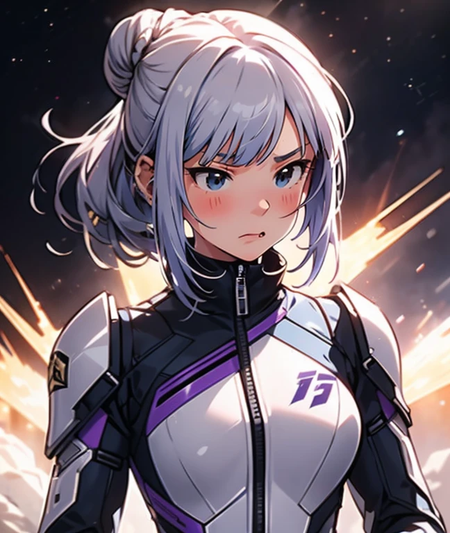 The protagonist of a new special effects drama、Space Sheriff Jasmine、-yeld fee、only one girl, half side bun hair, shortcut hair, silver purple hair, slender, Wearing a combat suit like Space Sheriff Gavan、Combat suits are protected by titanium、The combat suit is very tight and hugs the body.、The suit is gold with black accents、She is removing her helmet、(medium breasts), (medium hips), (The suit has a feminine shape that makes the most of the curves)、(The shape of the breasts is clearly visible), The waist of the suit is tightly cinched  the private parts.、There is a zipper that runs from the vulva to the anus and can be opened when urinating or defecating.、The titanium protector is thick and divided into three parts: chest, abdomen, and waist.、Inspired by Robocop design、