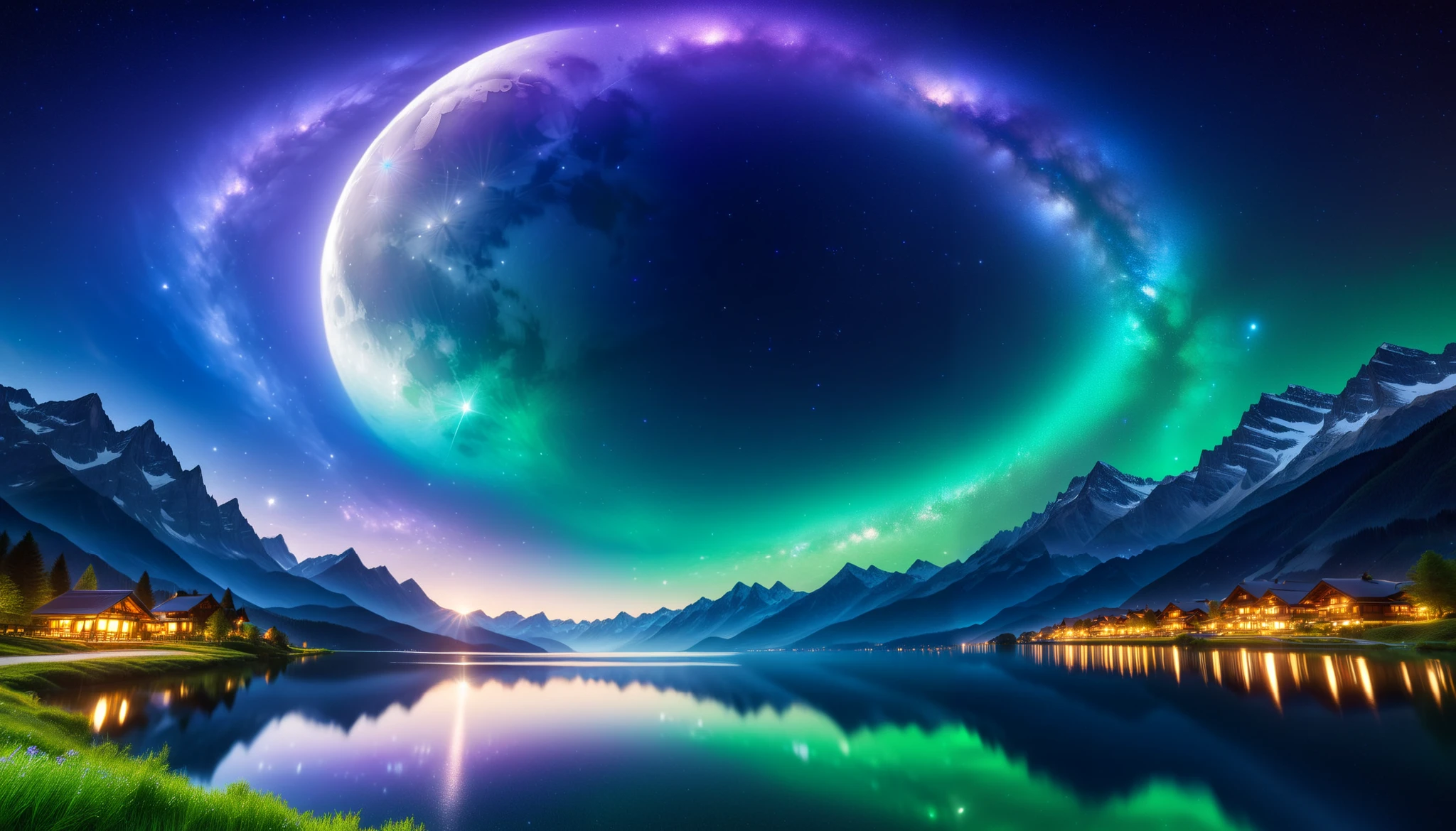 (greenく光る巨大な月),greenい月, super high image quality, high definition , High Quality ,Detailed Scenery ,Night Sky,（Milky Way Galaxy）,The Alps,The giant moon and stars moving to the lake々, beautiful artistic illustration, Ultramarine, green,  Purple , black, Majestic Atmosphere,Mystical Moon,