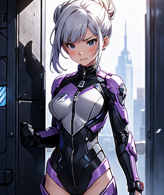 The protagonist of a new special effects drama、Space Sheriff Jasmine、-yeld fee、only one girl, half side bun hair, shortcut hair, silver purple hair, slender, Wearing a combat suit like Space Sheriff Gavan、Combat suits are protected by titanium、The combat suit is very tight and hugs the body.、The suit is gold with black accents、She is removing her helmet、(medium breasts), (medium hips), (The suit has a feminine shape that makes the most of the curves)、(The shape of the breasts is clearly visible), The waist of the suit is tightly cinched  the private parts.、There is a zipper that runs from the vulva to the anus and can be opened when urinating or defecating.、The titanium protector is thick and divided into three parts: chest, abdomen, and waist.、Inspired by Robocop design、