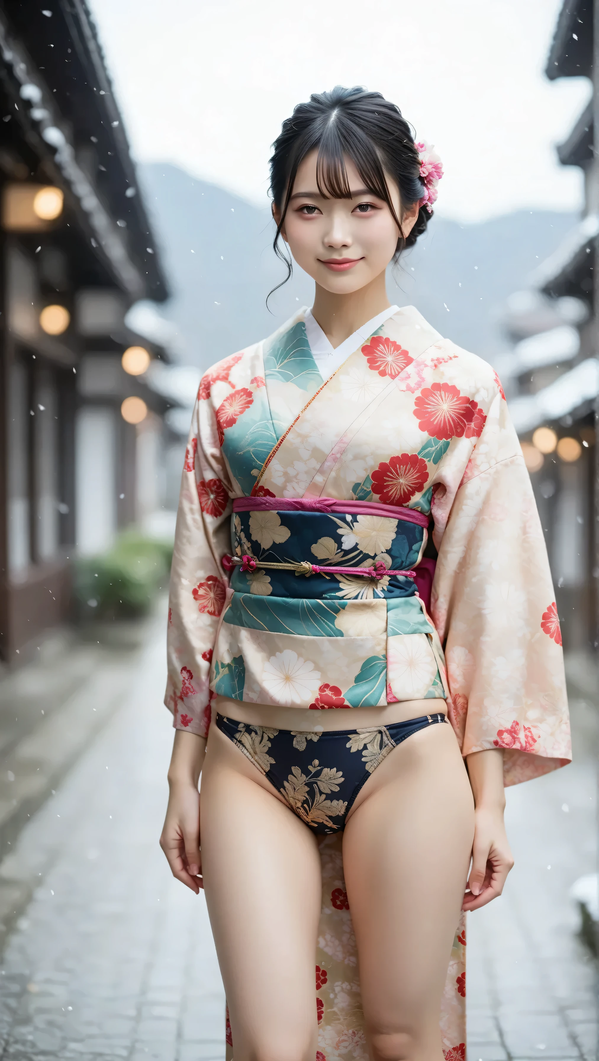 (score_9, score_8_ up, score_7_ up, very detailed), BREAK a breathtakingly beautiful long Japanese woman , dark hair like silk, Includes。. she has a radiant smile , And a confident and graceful attitude, behind her back and confident , Elegant attitude. She is outdoors in a snowy landscape , posing with her back slightly bent , she is folding her hands behind her back , emphasizes her graceful posture . and 、 Soft steam and haze in a modern kimono and printed panties , Add depth and realism . She's in a dynamic pose , crouched and legs spread . high resolution 32K , masterpiece level details , hauzmo style .