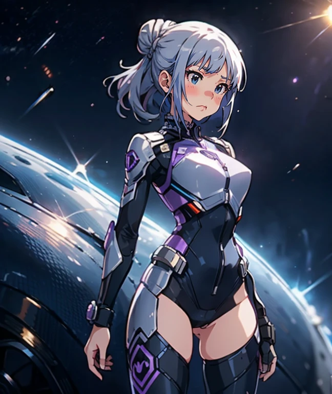 The protagonist of a new special effects drama、Space Sheriff Jasmine、-yeld fee、only one girl, half side bun hair, shortcut hair, silver purple hair, slender, Wearing a combat suit like Space Sheriff Gavan、Combat suits are protected by titanium、The combat suit is very tight and hugs the body.、The suit is gold with black accents、She is removing her helmet、(medium breasts), (medium hips), (The suit has a feminine shape that makes the most of the curves)、(The shape of the breasts is clearly visible), The waist of the suit is tightly cinched  the private parts.、There is a zipper that runs from the vulva to the anus and can be opened when urinating or defecating.、The titanium protector is thick and divided into three parts: chest, abdomen, and waist.、Inspired by Robocop design、