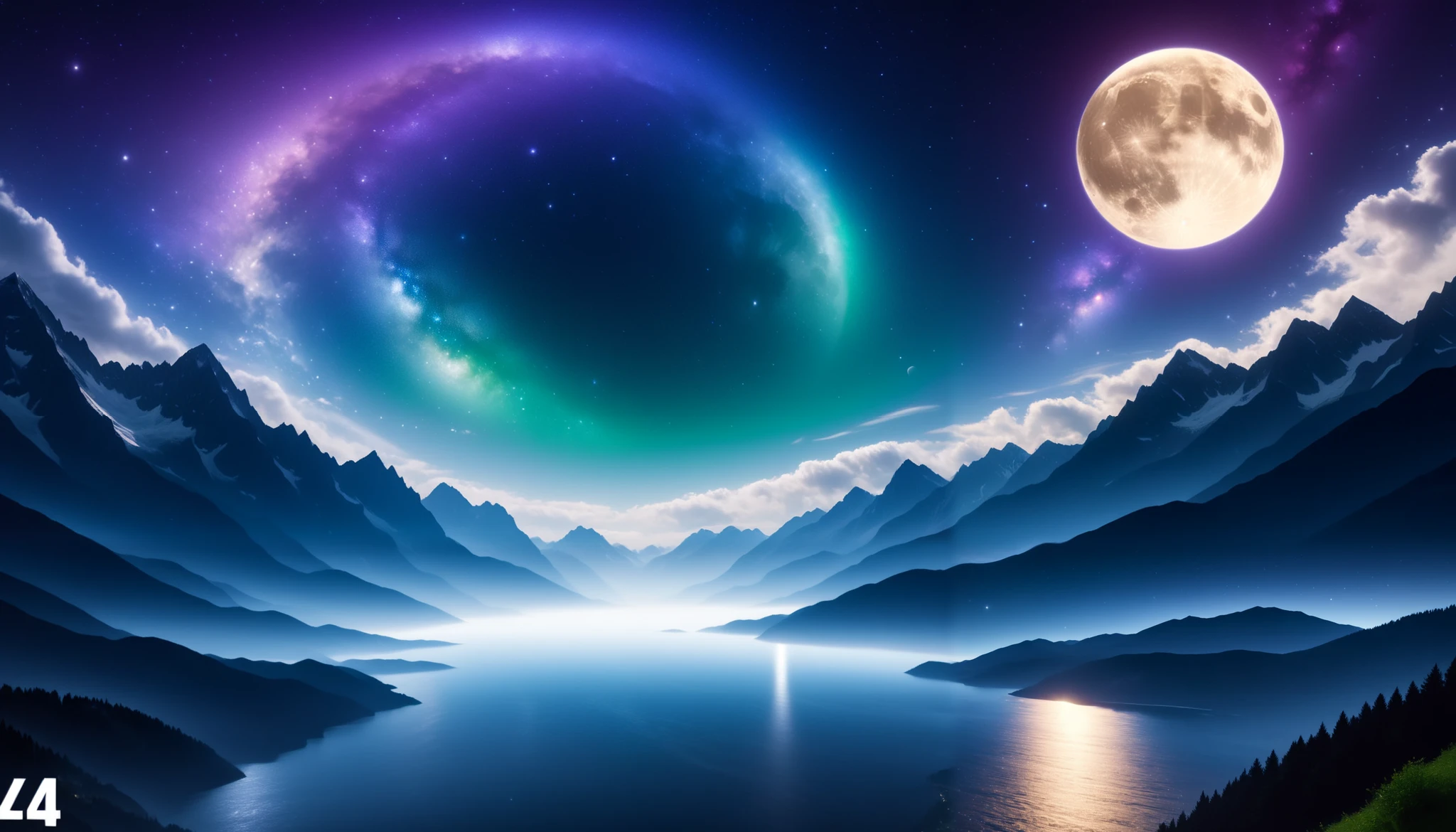 (greenく光る巨大な月),greenい月, super high image quality, high definition , High Quality ,Detailed Scenery ,Night Sky,（Milky Way Galaxy）,The Alps,The giant moon and stars moving to the lake々, beautiful artistic illustration, Ultramarine, green,  Purple , black, Majestic Atmosphere,Mystical Moon,