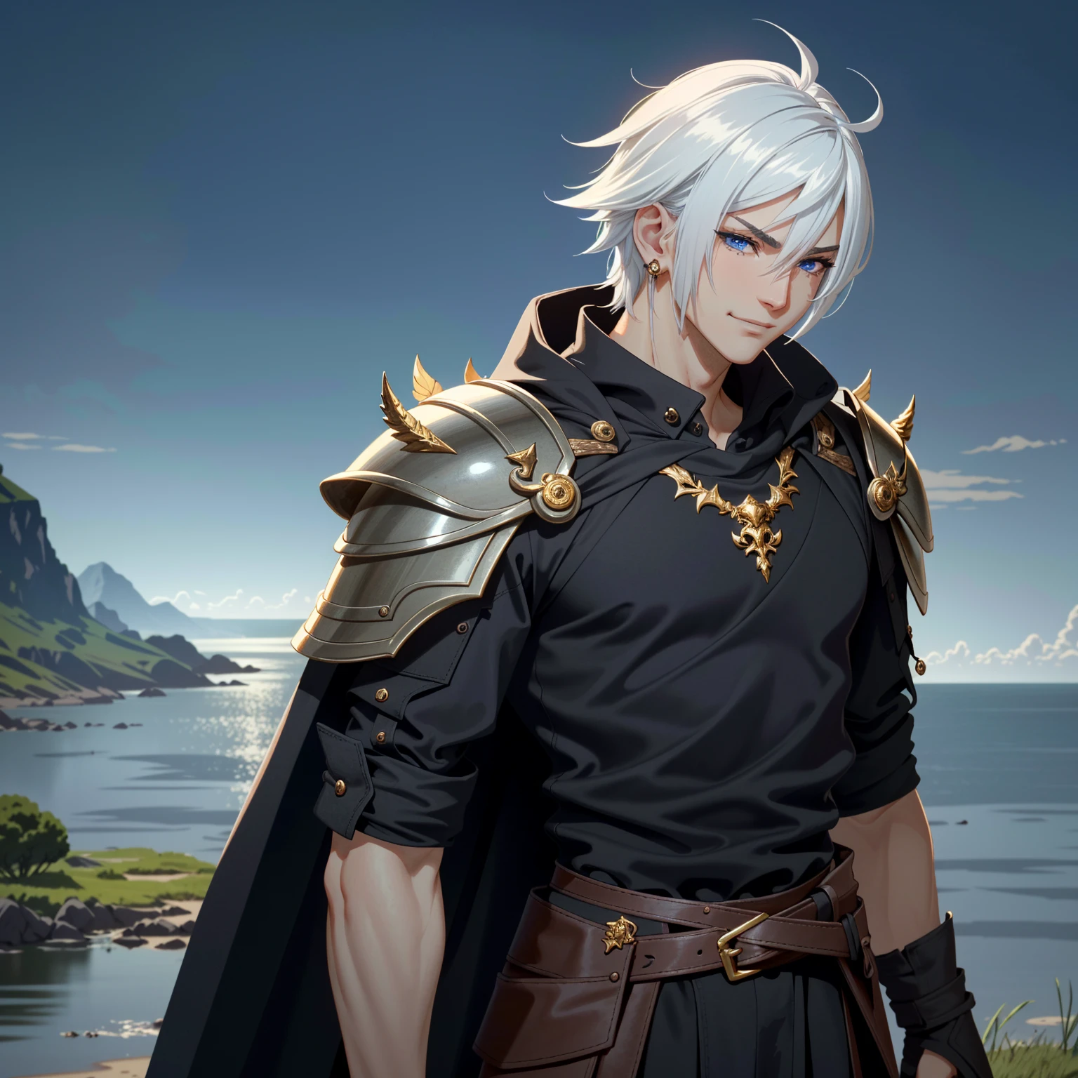 high quality, ultra realistic ,absurdities, highres icon, ultra detailed lingerie top, HDR, masterpiece , A male warrior wearing black armor , ornamented with carved thorns , reflecting the darkness of the night . He wears a cape that flows like shadows , straight white hair shoulder length . His eyes are deep blue like the ocean , and he wears a blue earring on one of his ears .
Your face, perfect and surreal beauty , has battle scars all over his face, Your expression bears a beautiful smile . In your hand, he wields a golden sword . His aura transmits peace and kindness , making him a determined and inspiring guardian .