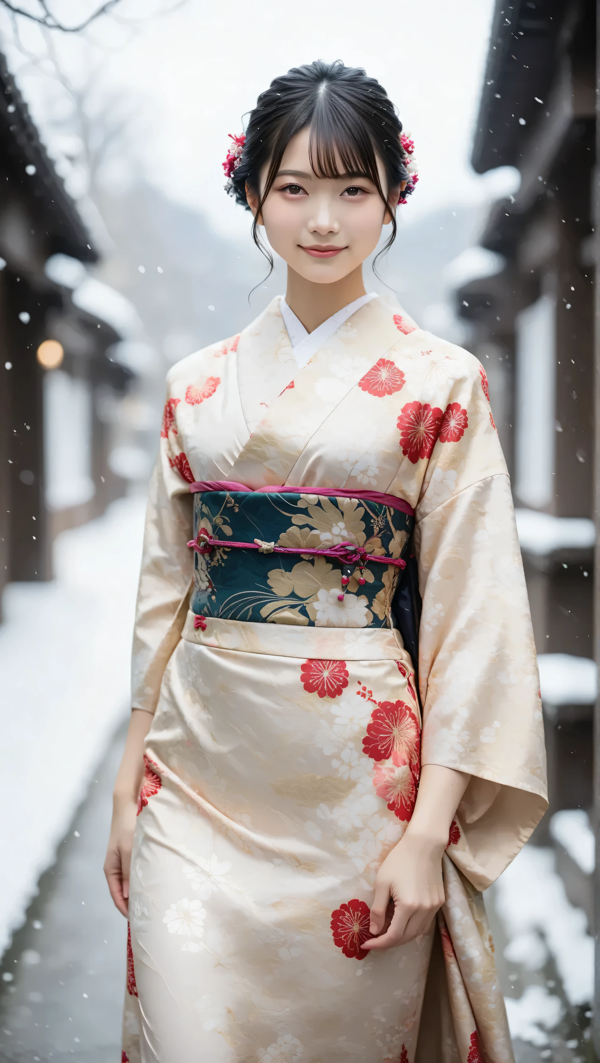 (score_9, score_8_ up, score_7_ up,  very detailed),   BREAK a breathtakingly beautiful long Japanese woman ,  dark hair like silk,  Includes。.  she has a radiant smile , And a confident and graceful attitude,  behind her back and confident , Elegant attitude.  She is outdoors in a snowy landscape ,   posing with her back slightly bent  ,  she is folding her hands behind her back ,  emphasizes her graceful posture .   and 、 soft steam and haze in a modern kimono and printed panties , Add depth and realism. She's in a dynamic pose ,   crouched and legs spread  .   high resolution 32K  ,   masterpiece level details  , hauzmo style  .