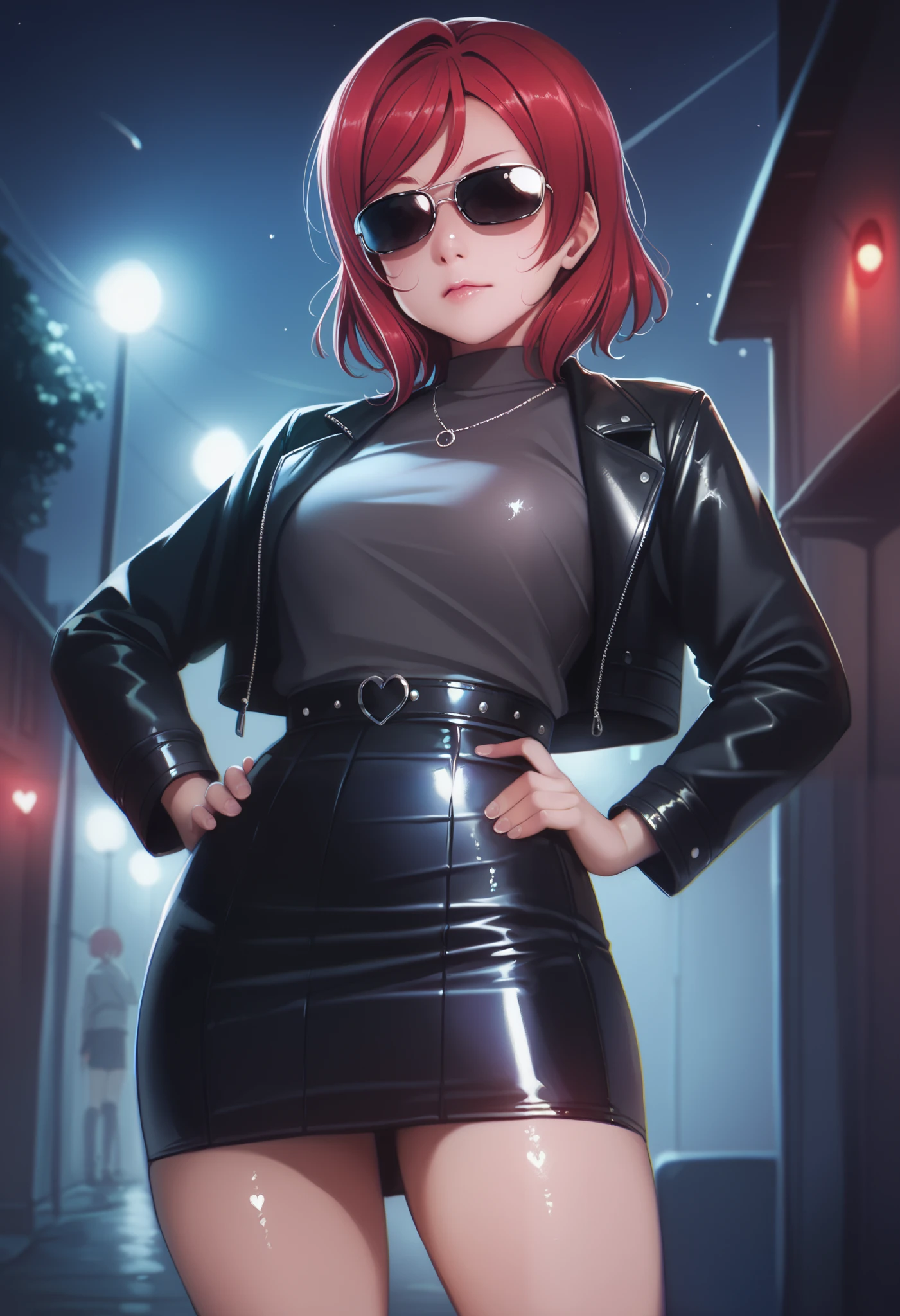 Nishikino maki, covered eyes, love live , (midriff:0.5), detailed body, shiny skin , standing , black leather jacket over a dark grey shirt,  skirt, sunglasses, night  ,p4l0m4,one hand on hip,red hair