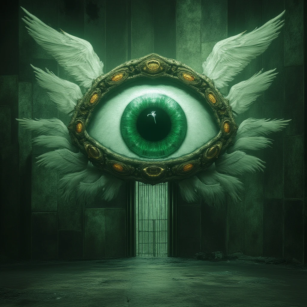 A giant eye,  emerald green color ,  with a white star-shaped pupil .  behind that eye it has several white angel wings .  the eye has two golden rings that also have several eyes with the same characteristics as the giant eye. behind everything there is an open barred door .