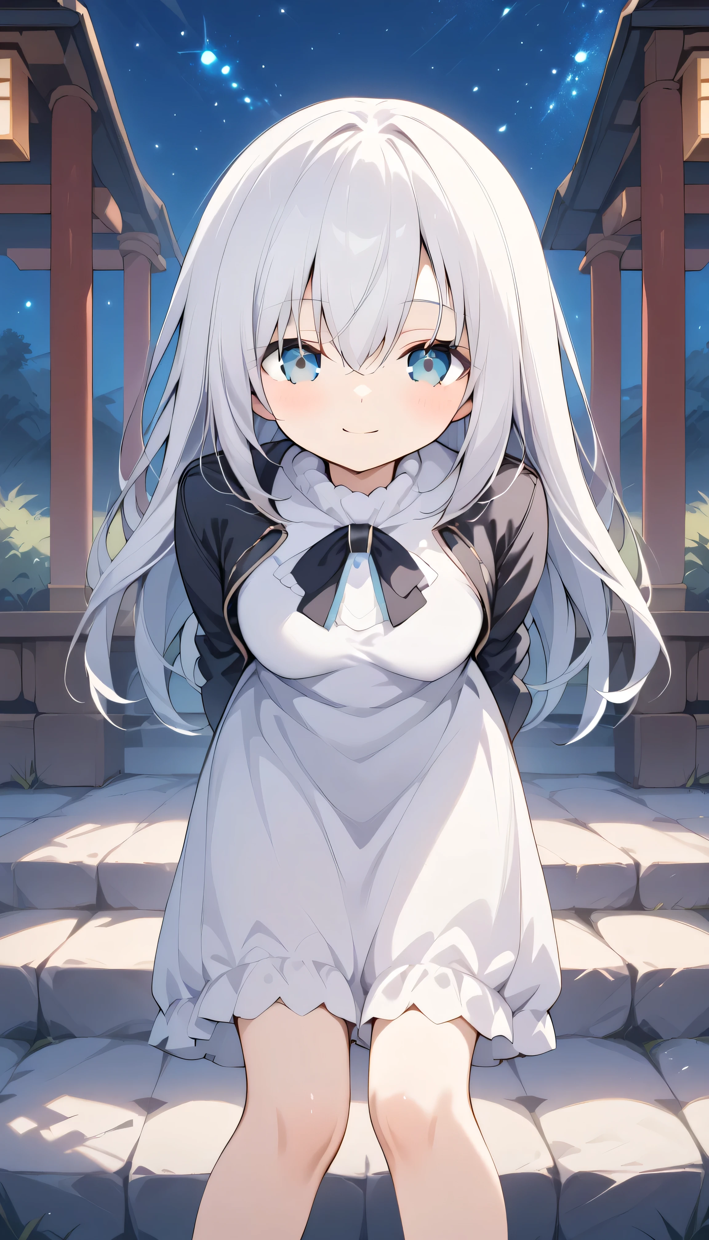 white hair blue eyes small breasts long hair stupid hair Alone, can see his eyebrows from inside his hair, hair between eyes , Watch Viewers , masterpiece, top quality , Outdoors field shrine in the night Night Sky starry sky snowy first visit of the year to a shrine Cobblestones steam winnter background, White Breath sweater dress close your mouth smile leaning forward fold your hands behind your back leather jacket