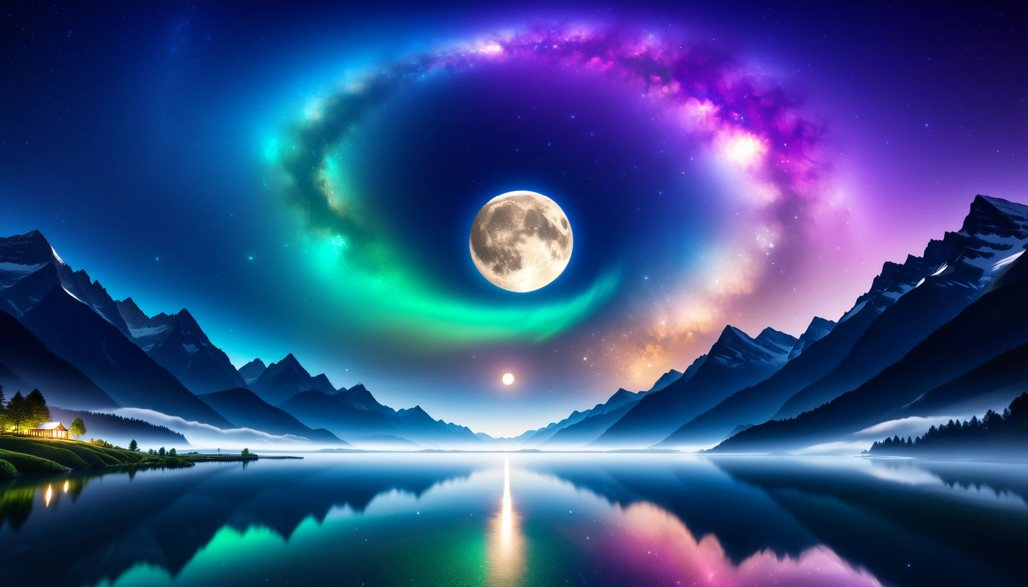 (greenく光る巨大な月),greenい月, super high image quality, high definition , High Quality ,Detailed Scenery ,Night Sky,（Milky Way Galaxy）,The Alps,The giant moon and stars moving to the lake々, beautiful artistic illustration, Ultramarine, green,  Purple , black, Majestic Atmosphere,Mystical Moon,