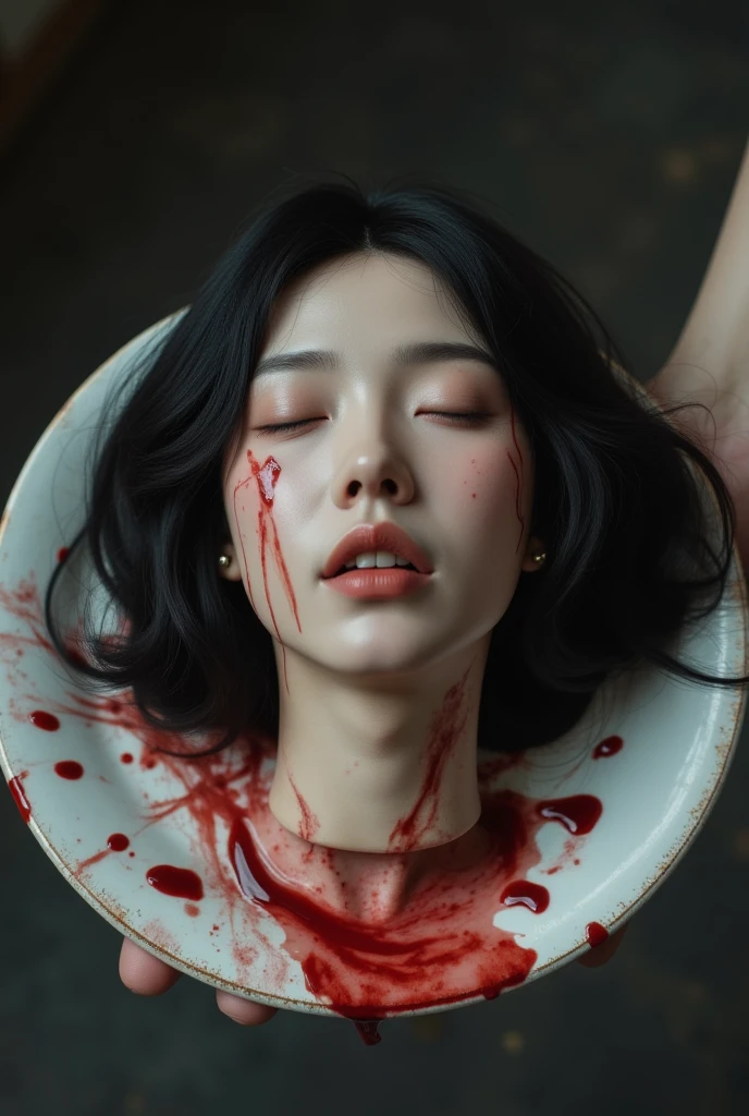   place the head of a decapitated woman , Asia,  Less blood stains   , ((  with eyes closed )),   like a dish on a plate  , Bloody,  actual , 4K, Nikon, fear