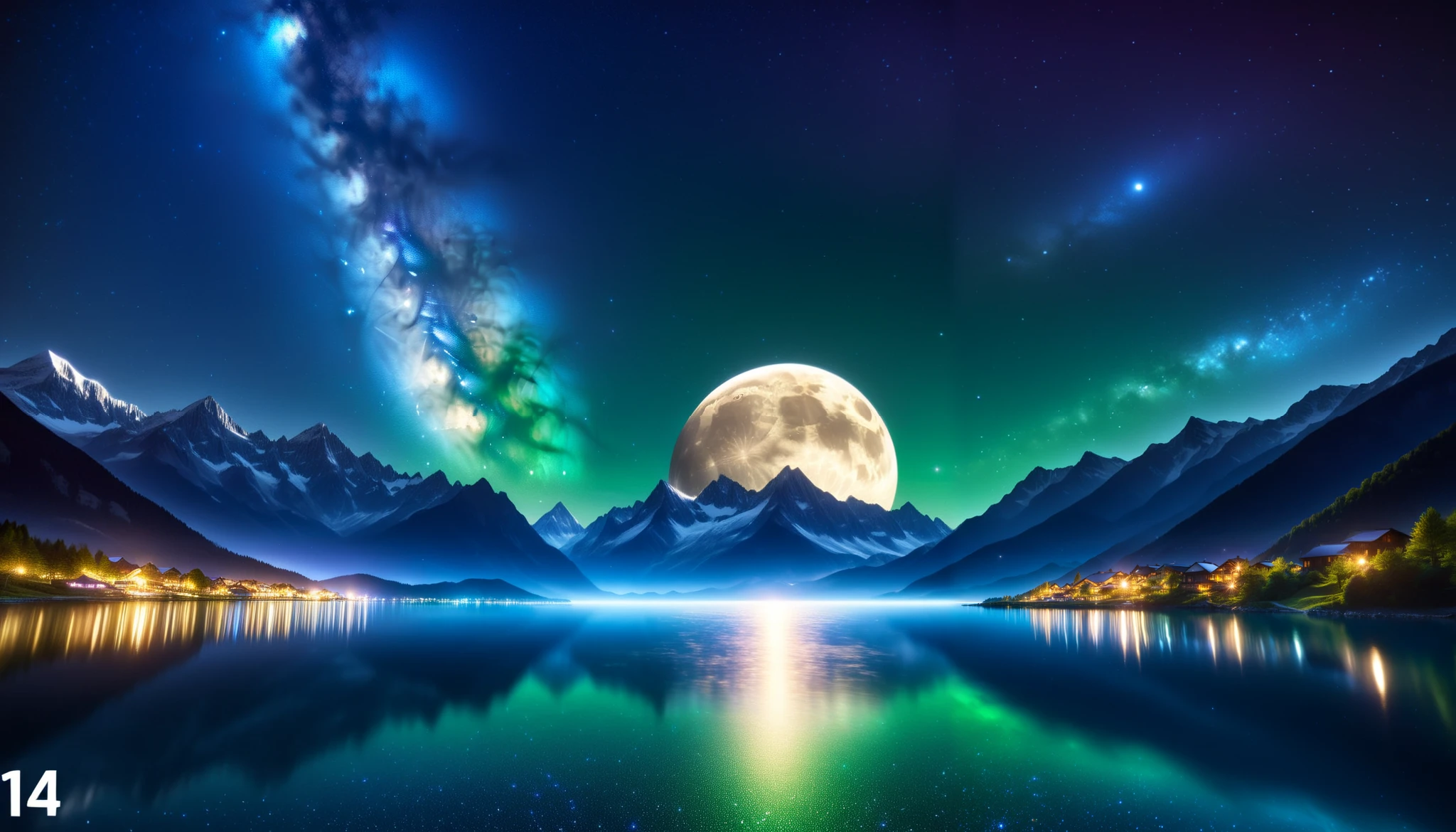 (greenく光る巨大な月),greenい月, super high image quality, high definition , High Quality ,Detailed Scenery ,Night Sky,（Milky Way Galaxy）,The Alps,The giant moon and stars moving to the lake々, beautiful artistic illustration, Ultramarine, green,  Purple , black, Majestic Atmosphere,Mystical Moon,