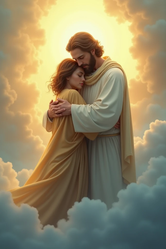 Painting of Jesus embracing a child in a church with a dove, Jesus embracing a woman, angel protecting man, en el cielo, Asombroso detalle, Jesus, Beautiful Rendering, Arte impresionante, two men hugging, by Zoë Mozert, asombroso, jesus christ, Abrazos espirituales, amazingly composed image, Beautiful image never created, he is greeting you warmly, Parque John, abrazador