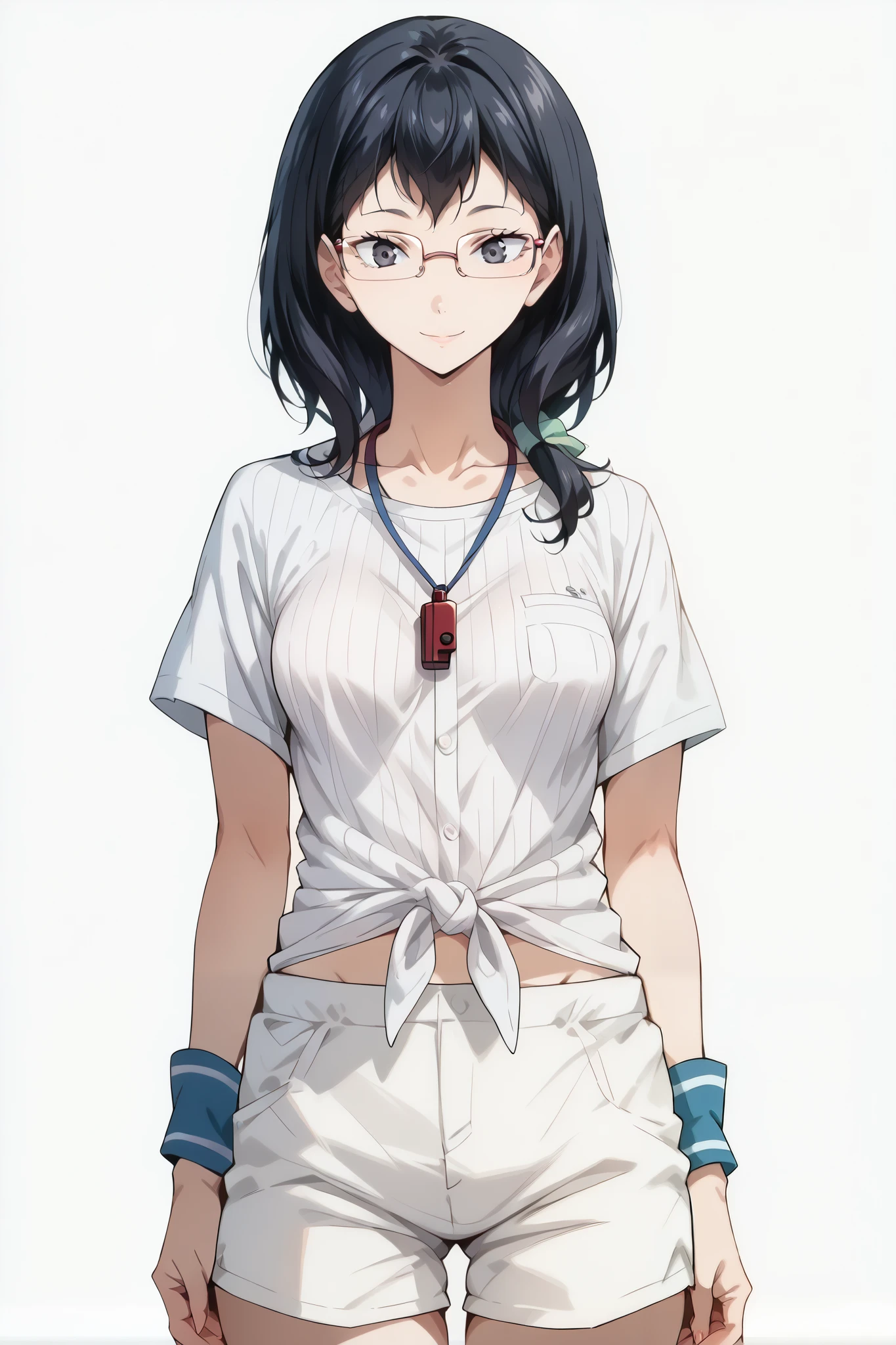 score_9, score_8_up, score_7_up, source_anime, 4K,perfect fingers,(perfect hands, perfect anatomy),prefect lighting, very aesthetic, intricate details,highly detailed background, masterpiece, high quality, best quality,
kiyoko shimizu, medium hair, black hair, glasses, mole, black eyes, mole under mouth, medium breasts,,
wearing ((collarbone,whistle around neck,vertical-striped shirt,tied shirt,short sleeves,wristband, white shorts )),
looking at the spectator, filed, Arms Behind Back, high thigh individual , (large breasts:0.9),Stand up,((fullbody:1.5)),((White plain background:1.5)) ,smile,((front look:1.5)),