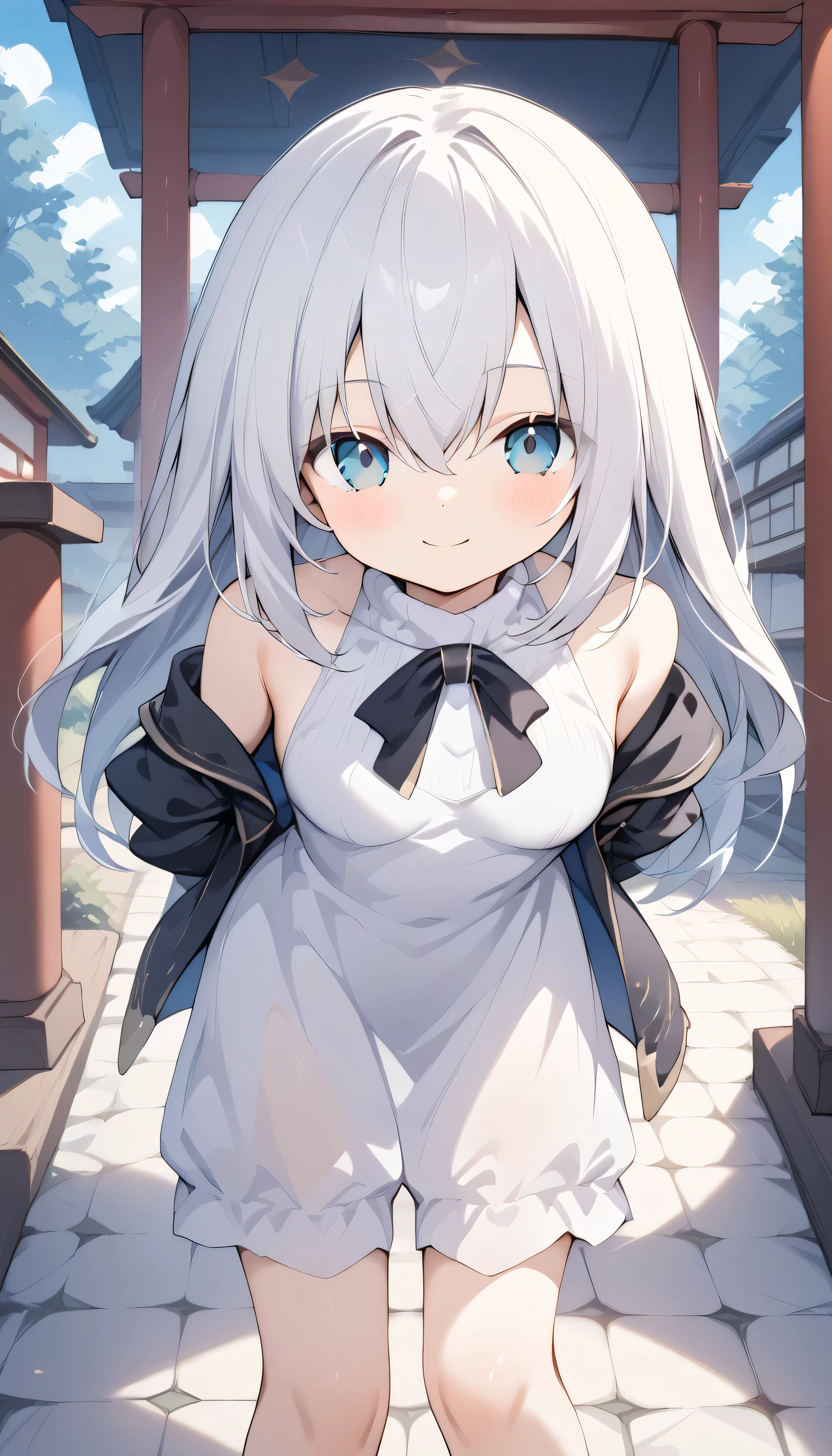 white hair blue eyes small breasts long hair stupid hair Alone, can see his eyebrows from inside his hair, hair between eyes , Watch Viewers , masterpiece, top quality , Outdoors field shrine in the night Night Sky starry sky snowy first visit of the year to a shrine Cobblestones steam winnter background, White Breath sweater dress close your mouth smile leaning forward fold your hands behind your back leather jacket