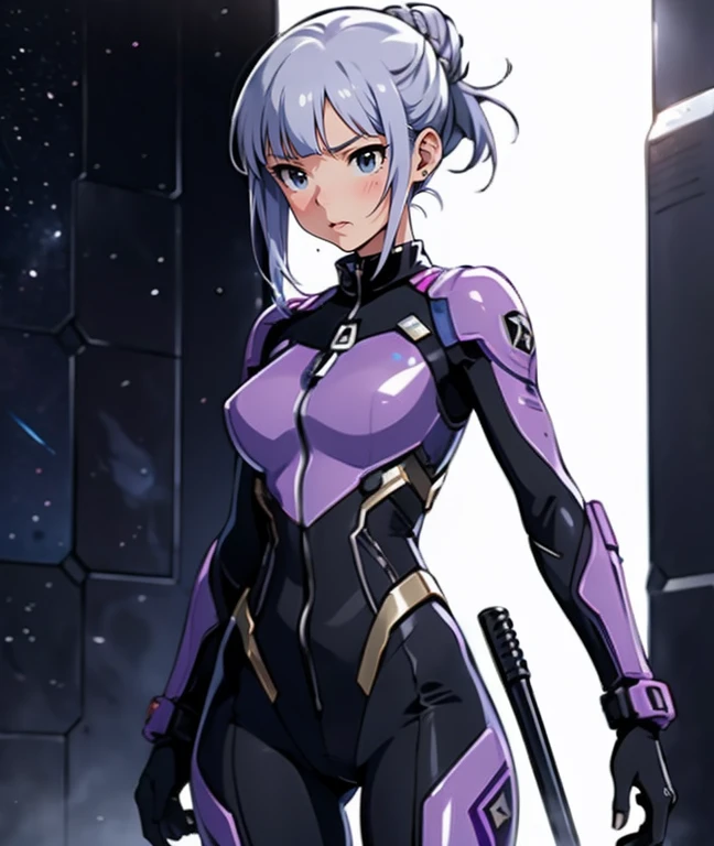 The protagonist of a new special effects drama、Space Sheriff Jasmine、17-year-old female、only one girl, half side bun hair, shortcut hair, silver purple hair, slender, Wearing a combat suit like Space Sheriff Gavan、Combat suits are protected by titanium、The combat suit is very high-legs and very tight and hugs the body.、The suit is gold with black accents、She is removing her helmet、(medium breasts), (medium hips), (The suit has a feminine shape that makes the most of the curves)、(The shape of the breasts is clearly visible), The waist of the suit is tightly cinched  the private parts.、There is a zipper that runs from the vulva to the anus and can be opened when urinating or defecating.、The titanium protector is thick and divided into three parts: chest, abdomen, and waist.、Inspired by Robocop design、