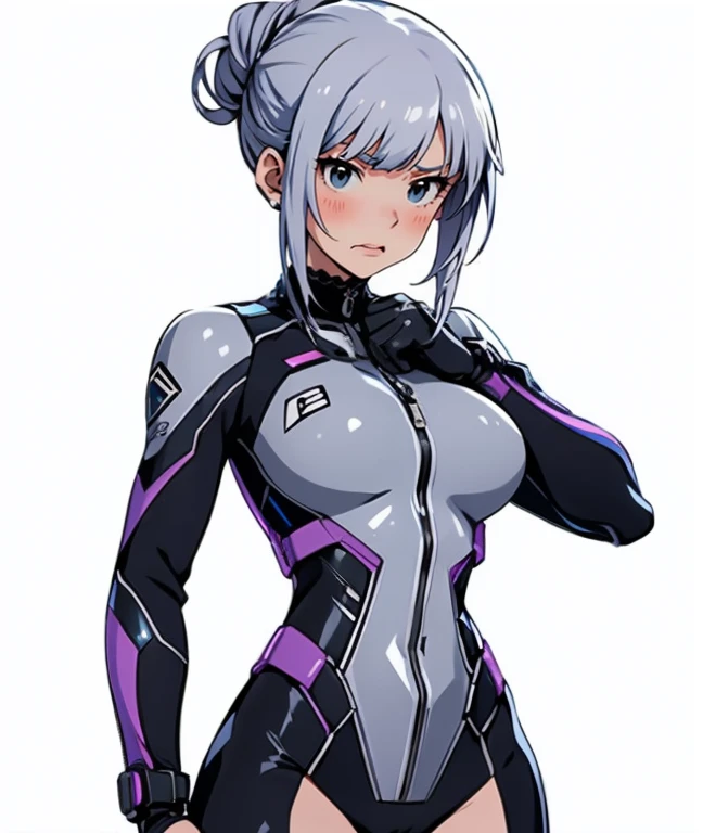 The protagonist of a new special effects drama、Space Sheriff Jasmine、-yeld fee、only one girl, half side bun hair, shortcut hair, silver purple hair, slender, Wearing a combat suit like Space Sheriff Gavan、Combat suits are protected by titanium、The combat suit is very high-legs and very tight and hugs the body.、The suit is gold with black accents、She is removing her helmet、(medium breasts), (medium hips), (The suit has a feminine shape that makes the most of the curves)、(The shape of the breasts is clearly visible), The waist of the suit is tightly cinched  the private parts.、There is a zipper that runs from the vulva to the anus and can be opened when urinating or defecating.、The titanium protector is thick and divided into three parts: chest, abdomen, and waist.、Inspired by Robocop design、