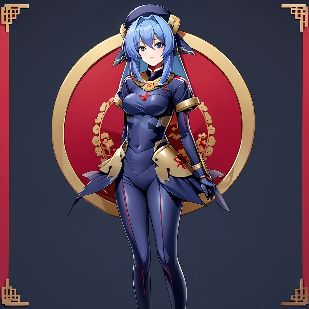 (( top quality )), ((masterpiece)), ( Details), （perfect face）、The blue-haired Xtia is wearing a Chinese number suit with gold embroidery and a border on a red Chinese Communist Party full body suit