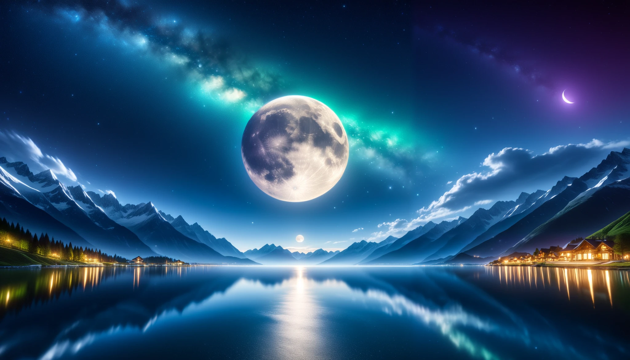 (greenく光る巨大な月),巨大なgreenい月, super high image quality, high definition , High Quality ,Detailed Scenery ,Night Sky,（Milky Way Galaxy）,The Alps,The giant moon and stars moving to the lake々, beautiful artistic illustration, Ultramarine, green,  Purple , black, Majestic Atmosphere,Mystical Moon,
