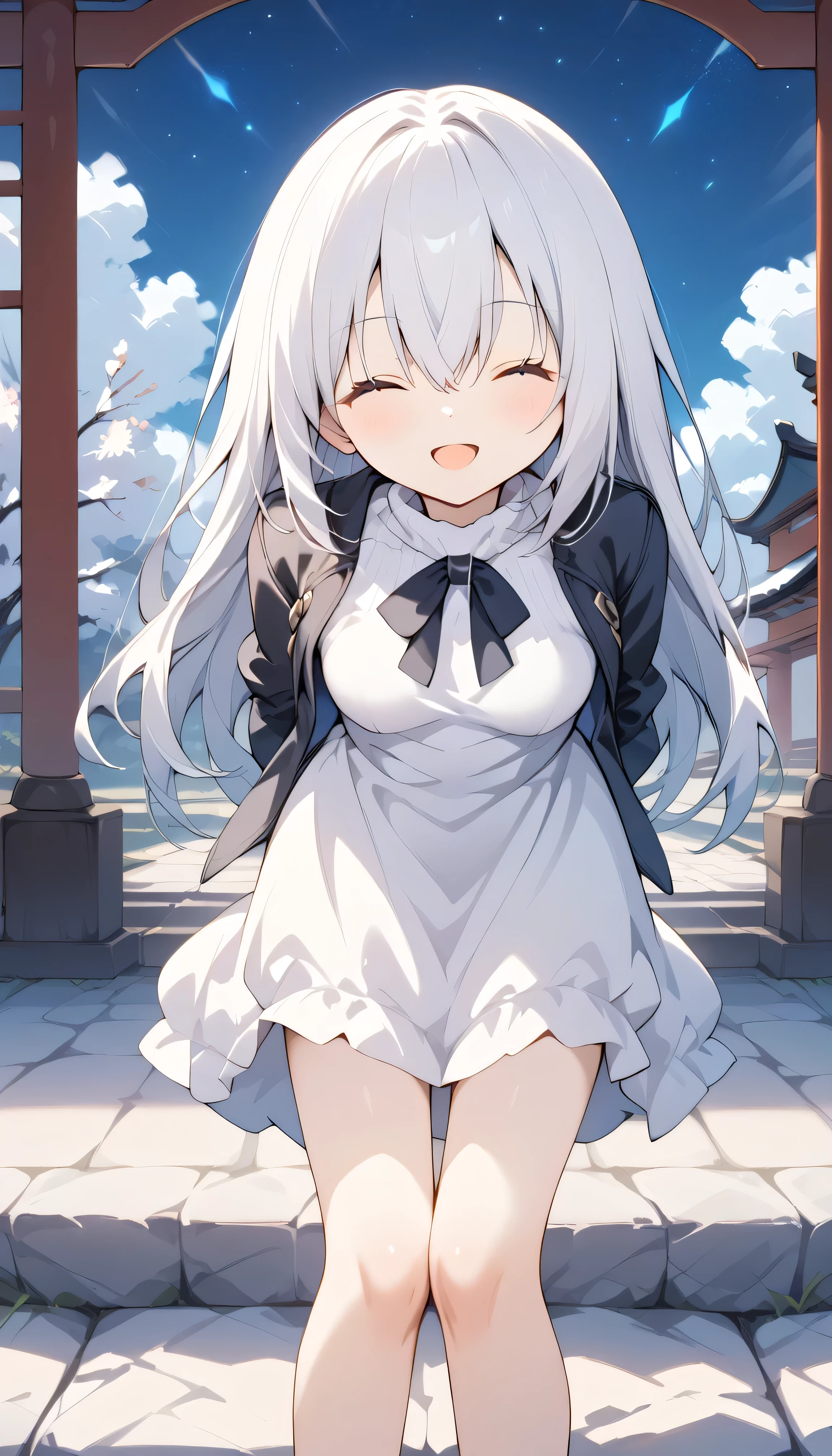 white hair closed eyes small breasts long hair stupid hair Alone, can see his eyebrows from inside his hair, hair between eyes , Watch Viewers , masterpiece, top quality , Outdoors field shrine in the night Night Sky starry sky snowy first visit of the year to a shrine Cobblestones steam winnter background, White Breath sweater dress open mouth smile leaning forward fold your hands behind your back leather jacket