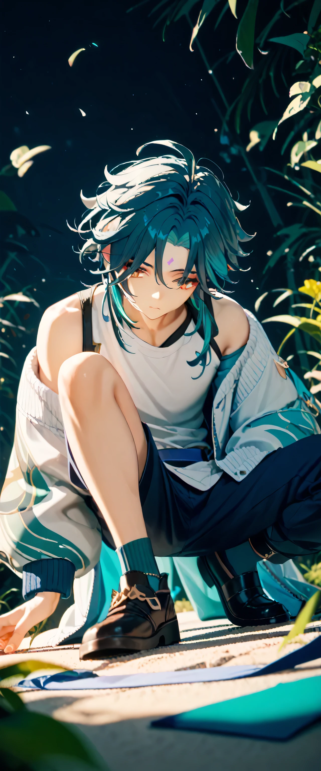 1boy, oversized fleece jacket, on one knee, Xiao, genshin, expressionless, カッコいい, from below, off-shoulder, green and black effect, 1boy has Xiao's mask in one hand 