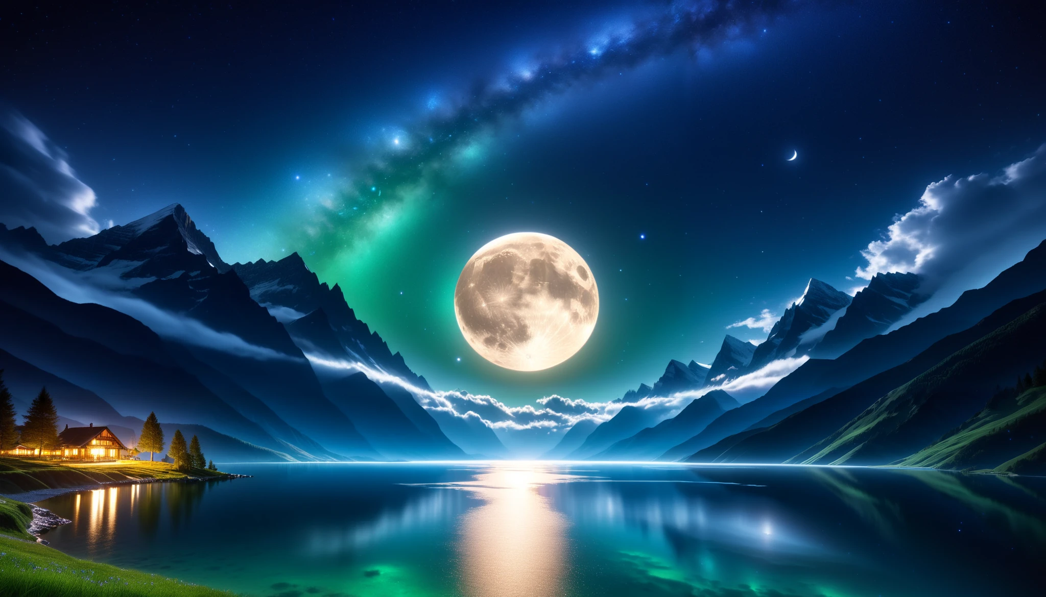 (greenく光る巨大な月),巨大なgreenい月, super high image quality, high definition , High Quality ,Detailed Scenery ,Night Sky,（Milky Way Galaxy）,The Alps,The giant moon and stars moving to the lake々, beautiful artistic illustration, Ultramarine, green,  Purple , black, Majestic Atmosphere,An epic and mysterious moon,
