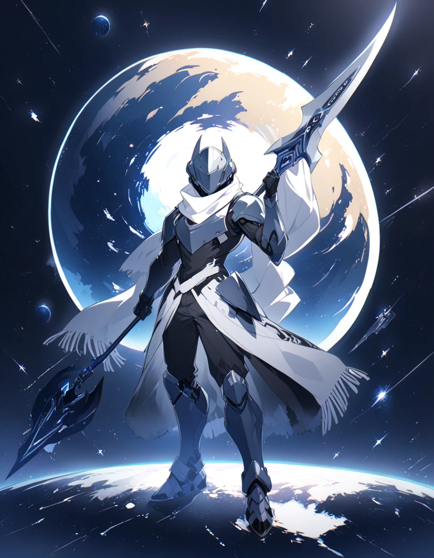 detailed 8k,  iron-helmeted male knight covering his entire face and scarf, holding large sickle , wearing technological white and black outer space background  ( full body )