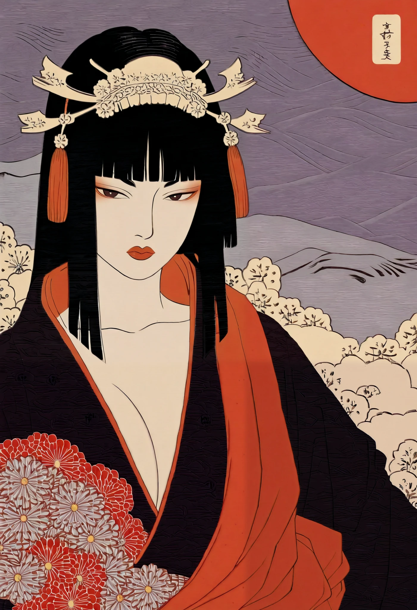 araffe woman in a Red kimono sitting on the floor, japanese geisha, female geisha girl, traditional geisha clothing, beauty geisha, glamorous and sexy geisha, geisha photo portrait, Japanese women, Traditional Japanese, skilled geisha of the japanese, geisha, Japanese Goddess, Red kimono, portrait of geisha, elegant Japanese women Princesses of the Warring States Period She exposes her nipples