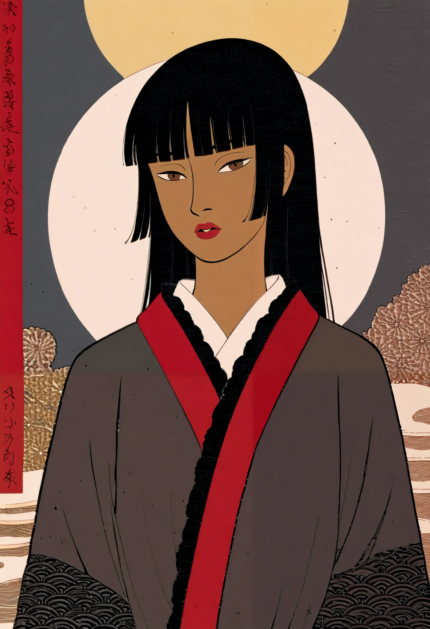 Ukiyo-e art style of an woman with long hair, black hair, brown eyes, red lips, blunt bangs hime cut wearing black kimono dress robe dark brown skin tone,_score_9_up, score_8_up, masterpiece, best quality