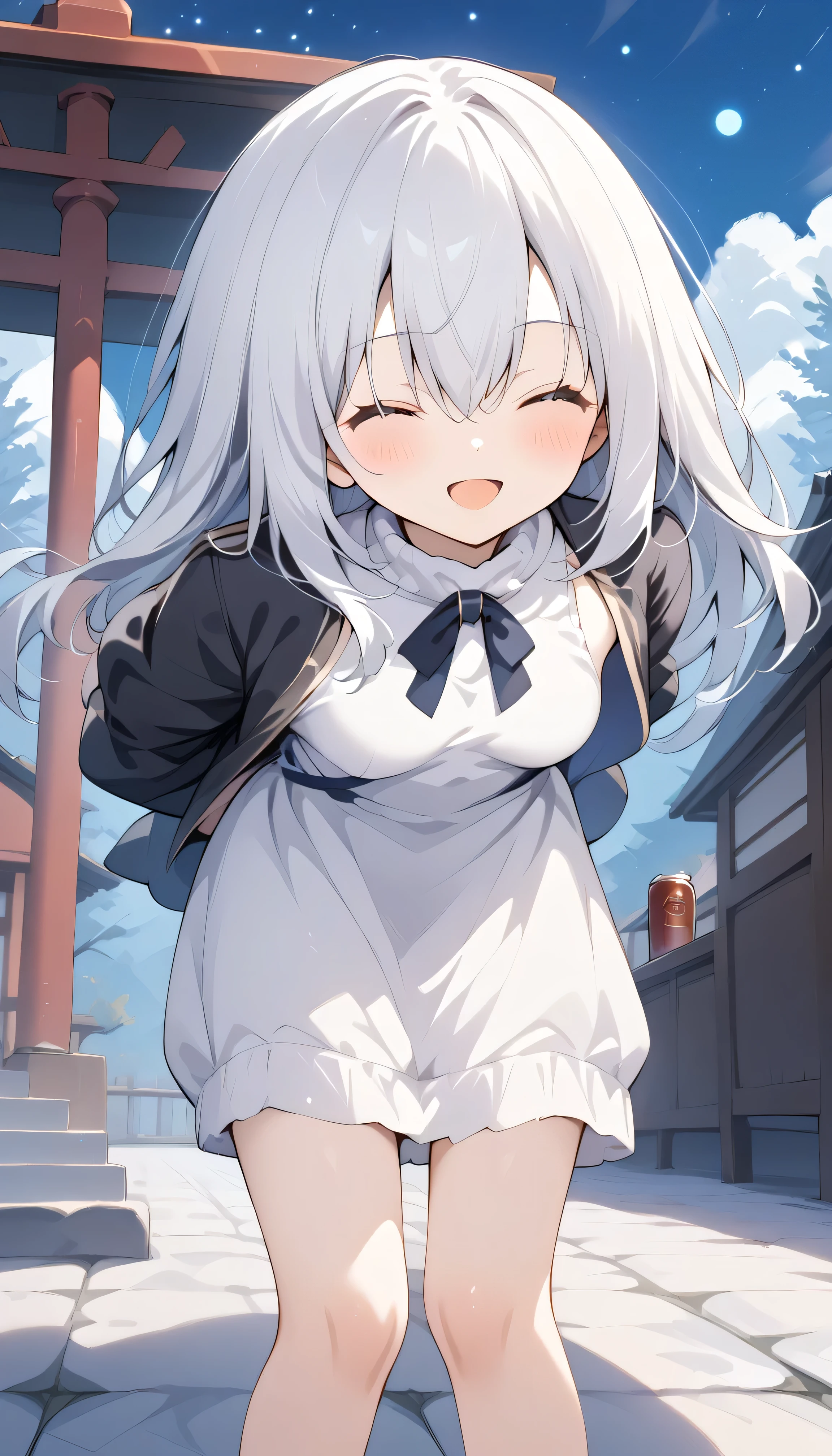 white hair closed eyes small breasts long hair stupid hair Alone, can see his eyebrows from inside his hair, hair between eyes , Watch Viewers , masterpiece, top quality , Outdoors field shrine in the night Night Sky starry sky snowy first visit of the year to a shrine Cobblestones steam winnter background, White Breath sweater dress open mouth smile leaning forward fold your hands behind your back leather jacket blush