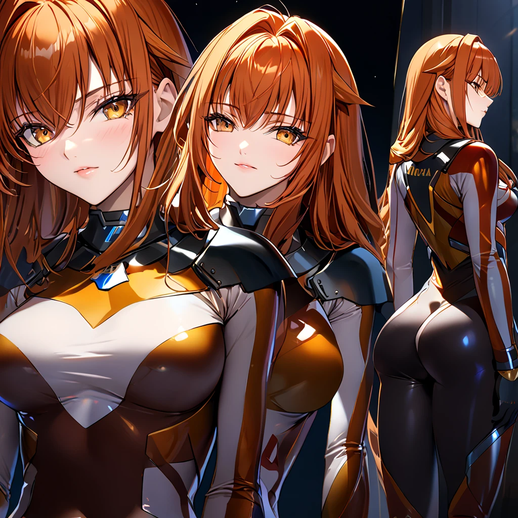 (( top quality )), ((masterpiece)), ( Details), （perfect face）、Orange-haired Maya Cordelia wears a full-body number suit