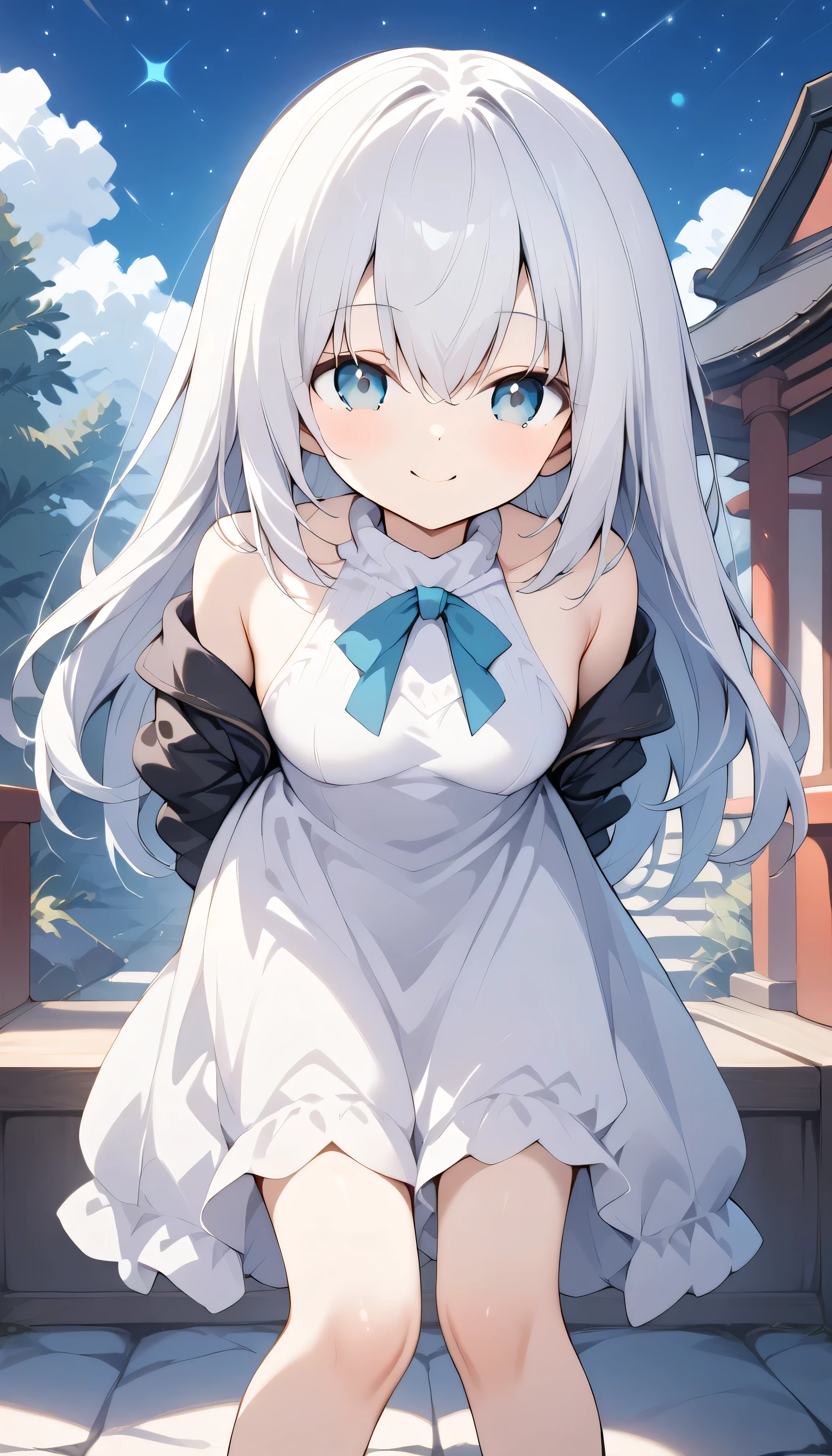 white hair blue eyes small breasts long hair stupid hair Alone, can see his eyebrows from inside his hair, hair between eyes , Watch Viewers , masterpiece, top quality , Outdoors field shrine in the night Night Sky starry sky snowy first visit of the year to a shrine Cobblestones steam winnter background, White Breath sweater dress close your mouth smile leaning forward fold your hands behind your back leather jacket