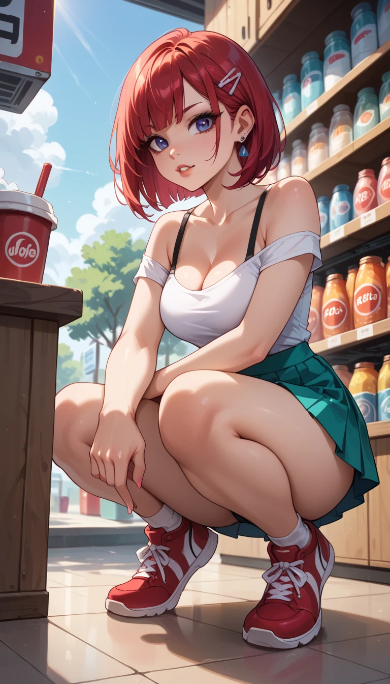 Crouching with knees on the floor, hips sticking out, from below, RPG game tool shop daughter, super pleading expression, one-piece mini skirt, cleavage