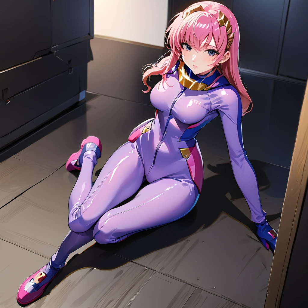 (( top quality )), ((masterpiece)), ( Details), （perfect face）、Pink-haired Lux Klein is wearing a full body suit number suit